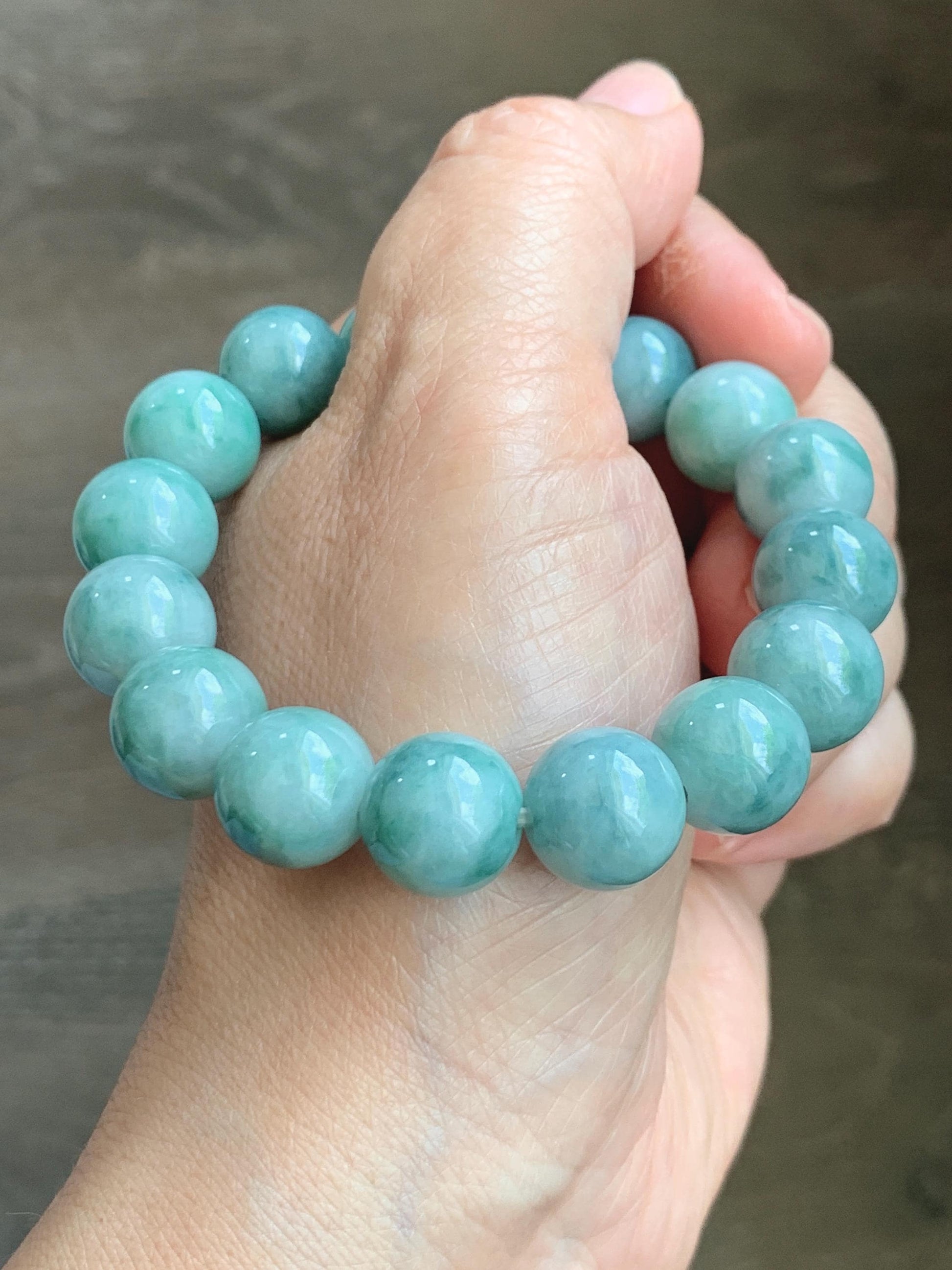 Large Natural Grade A Icy Translucent Pastel Green Dark Green Marbled Jade Jadeite Beaded Bracelet 12.3mm 7" 50g 天然晴底飘花翡翠圆珠手串 MDP110B