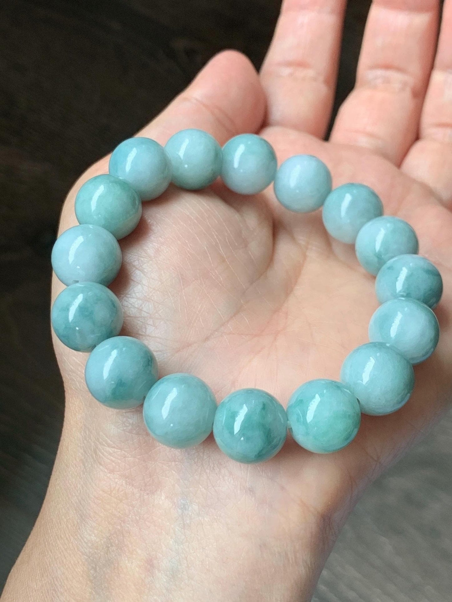 Large Natural Grade A Icy Translucent Pastel Green Dark Green Marbled Jade Jadeite Beaded Bracelet 12.3mm 7.25" 51g 天然晴底飘花翡翠圆珠手串 MDP110A