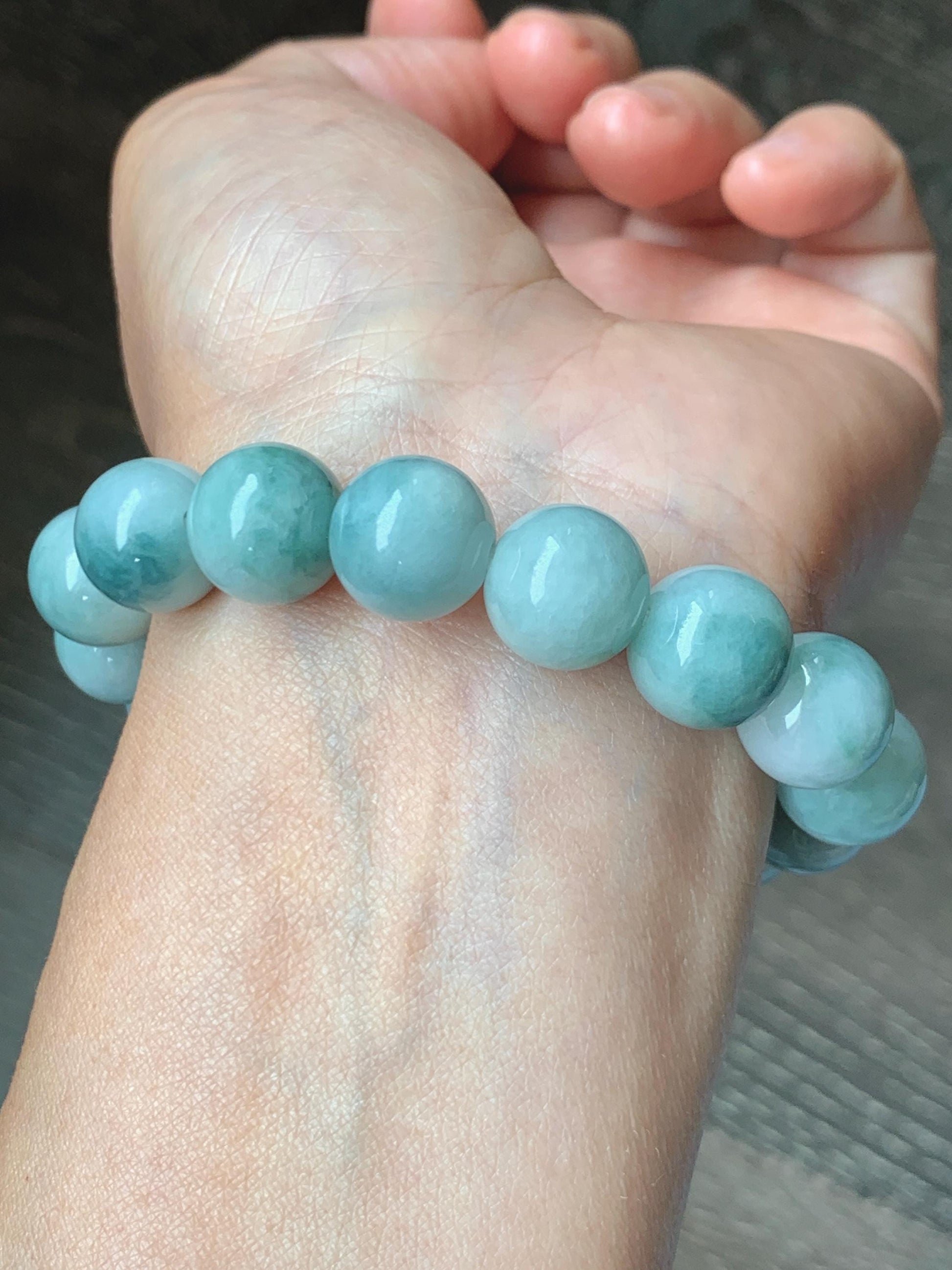 Large Natural Grade A Icy Translucent Pastel Green Dark Green Marbled Jade Jadeite Beaded Bracelet 12.3mm 7.25" 51g 天然晴底飘花翡翠圆珠手串 MDP110A
