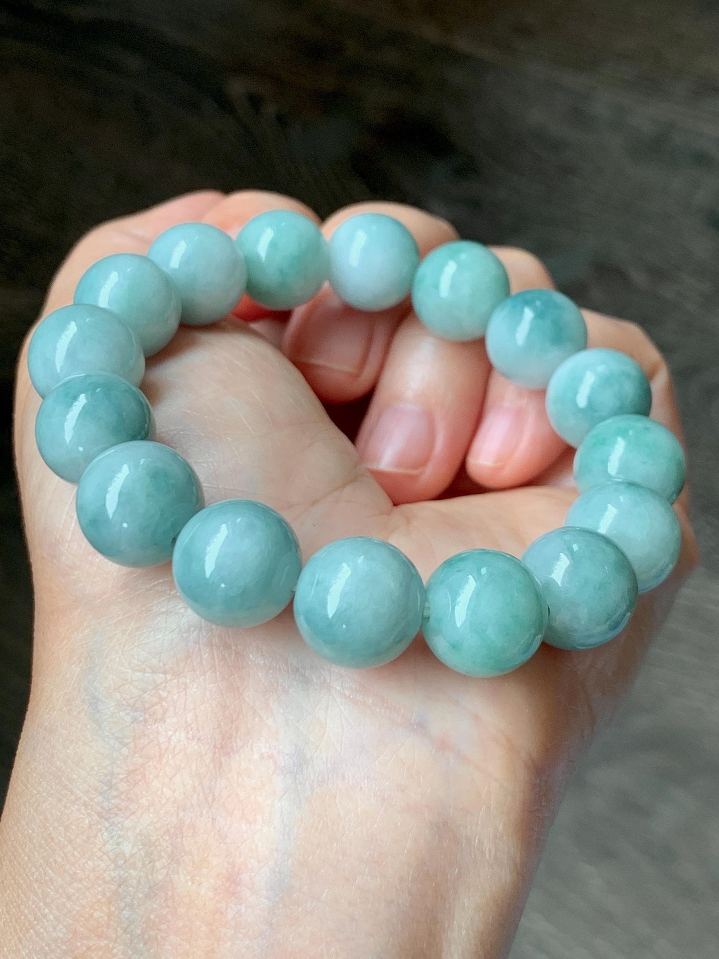 Large Natural Grade A Icy Translucent Pastel Green Dark Green Marbled Jade Jadeite Beaded Bracelet 12.3mm 7.25" 51g 天然晴底飘花翡翠圆珠手串 MDP110A