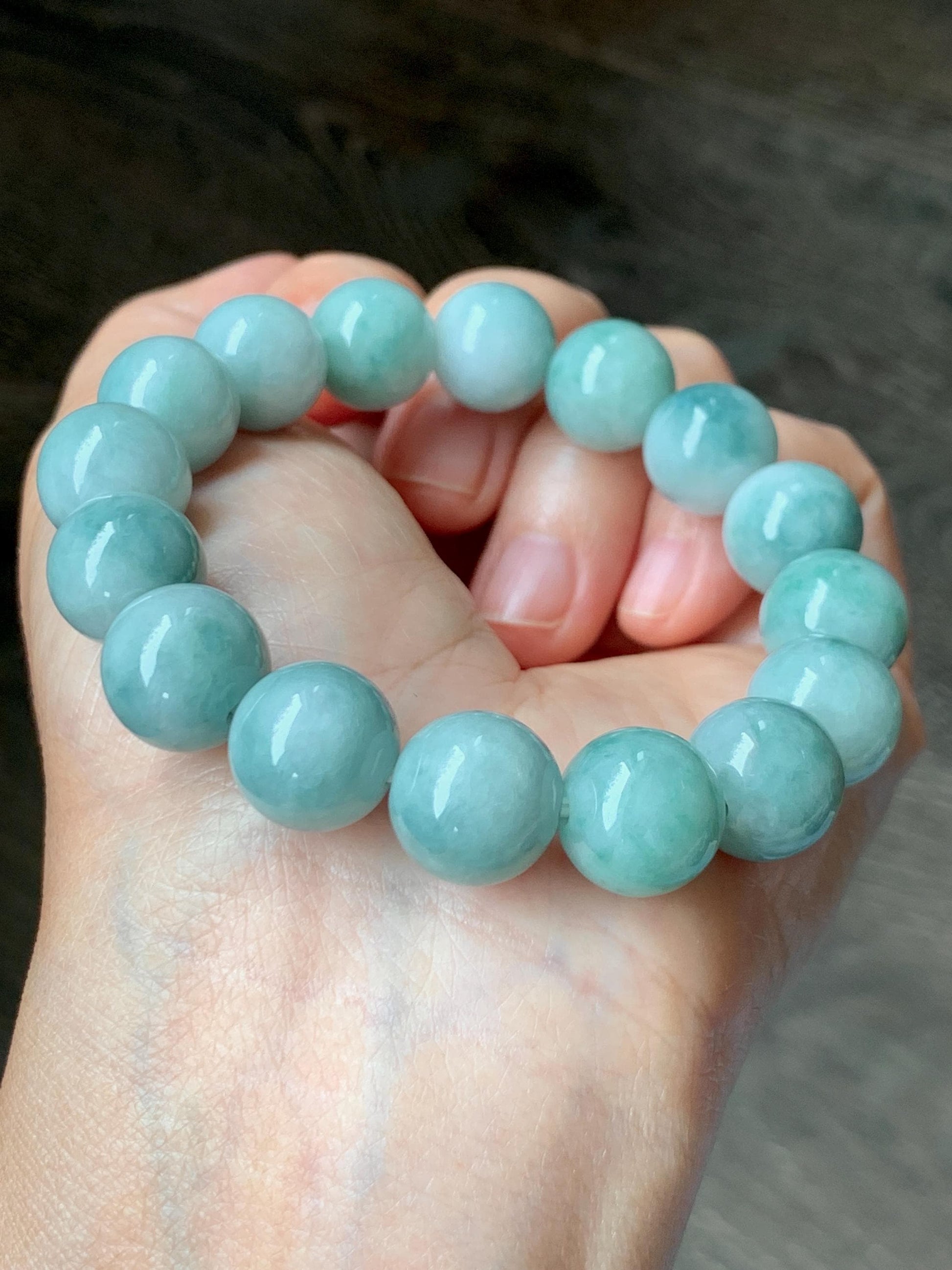 Large Natural Grade A Icy Translucent Pastel Green Dark Green Marbled Jade Jadeite Beaded Bracelet 12.3mm 7.25" 51g 天然晴底飘花翡翠圆珠手串 MDP110A