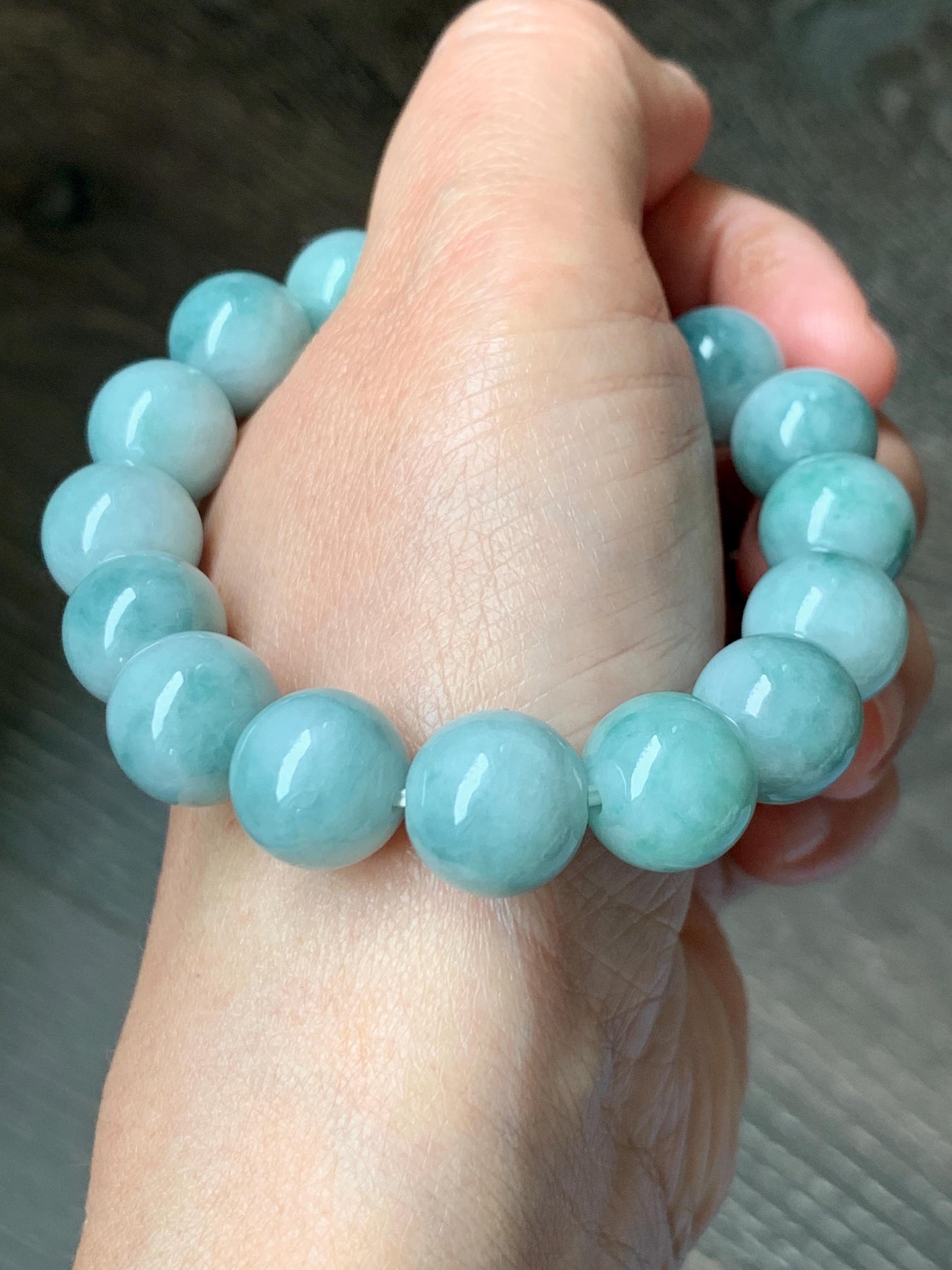 Large Natural Grade A Icy Translucent Pastel Green Dark Green Marbled Jade Jadeite Beaded Bracelet 12.3mm 7.25" 51g 天然晴底飘花翡翠圆珠手串 MDP110A