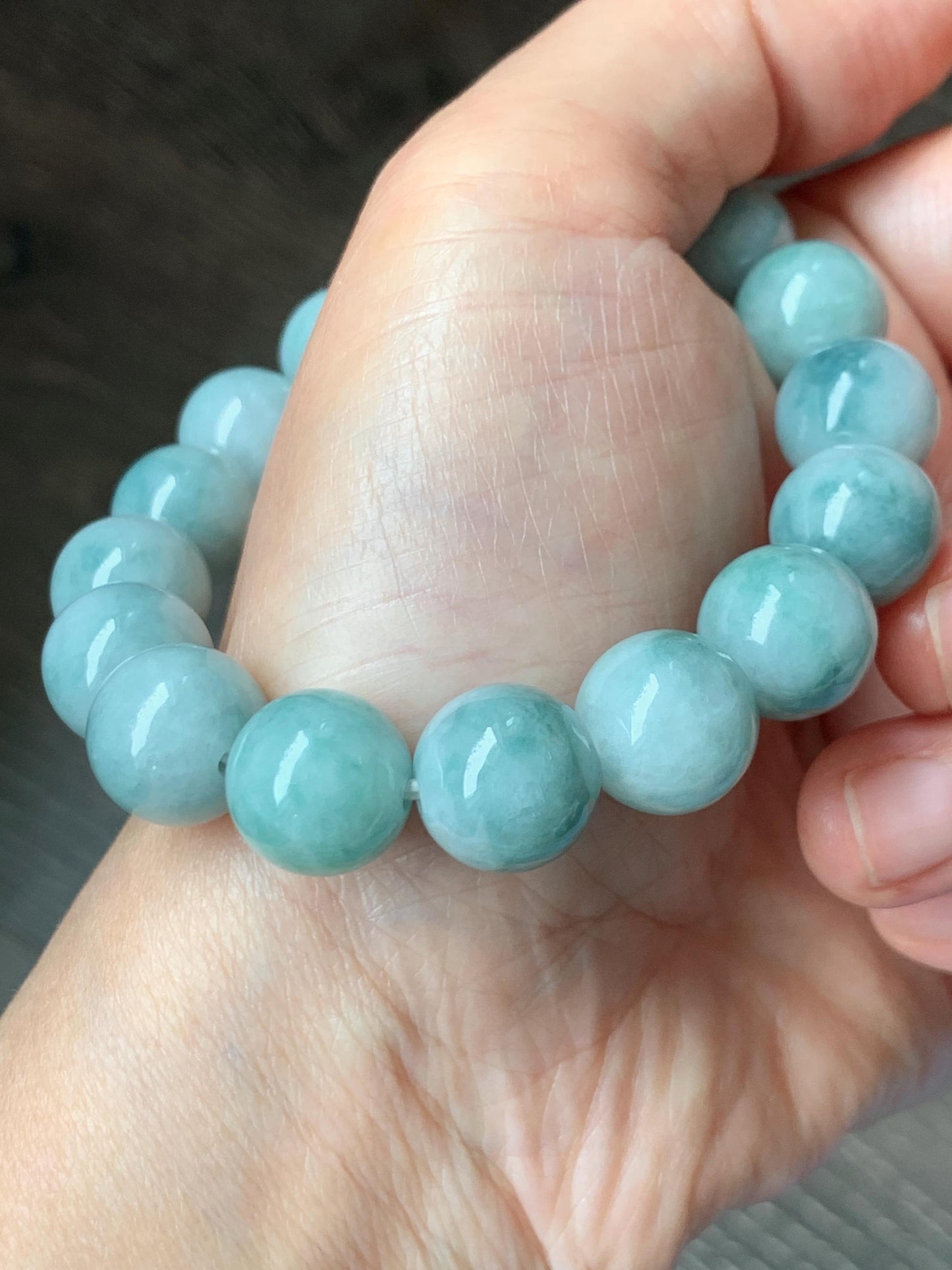 Large Natural Grade A Icy Translucent Pastel Green Dark Green Marbled Jade Jadeite Beaded Bracelet 12.3mm 7.25" 51g 天然晴底飘花翡翠圆珠手串 MDP110A