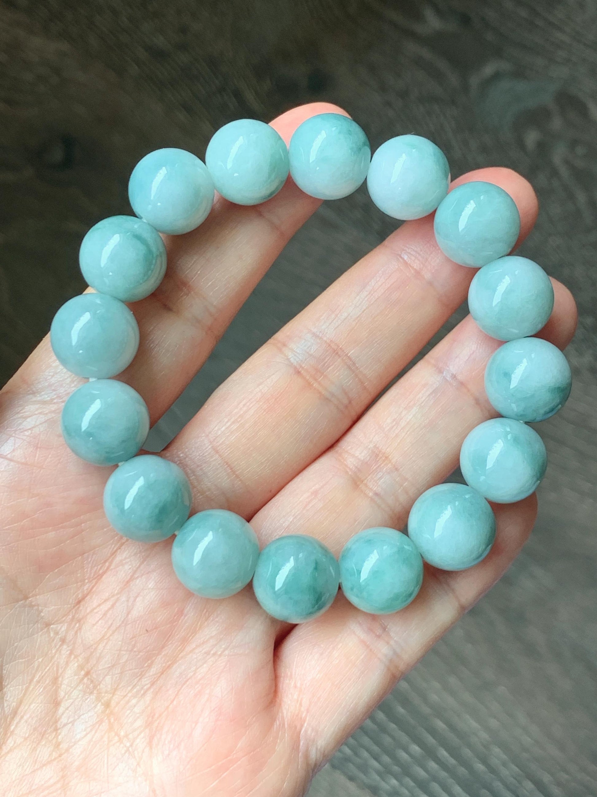 Large Natural Grade A Icy Translucent Pastel Green Dark Green Marbled Jade Jadeite Beaded Bracelet 12.3mm 7.25" 51g 天然晴底飘花翡翠圆珠手串 MDP110A