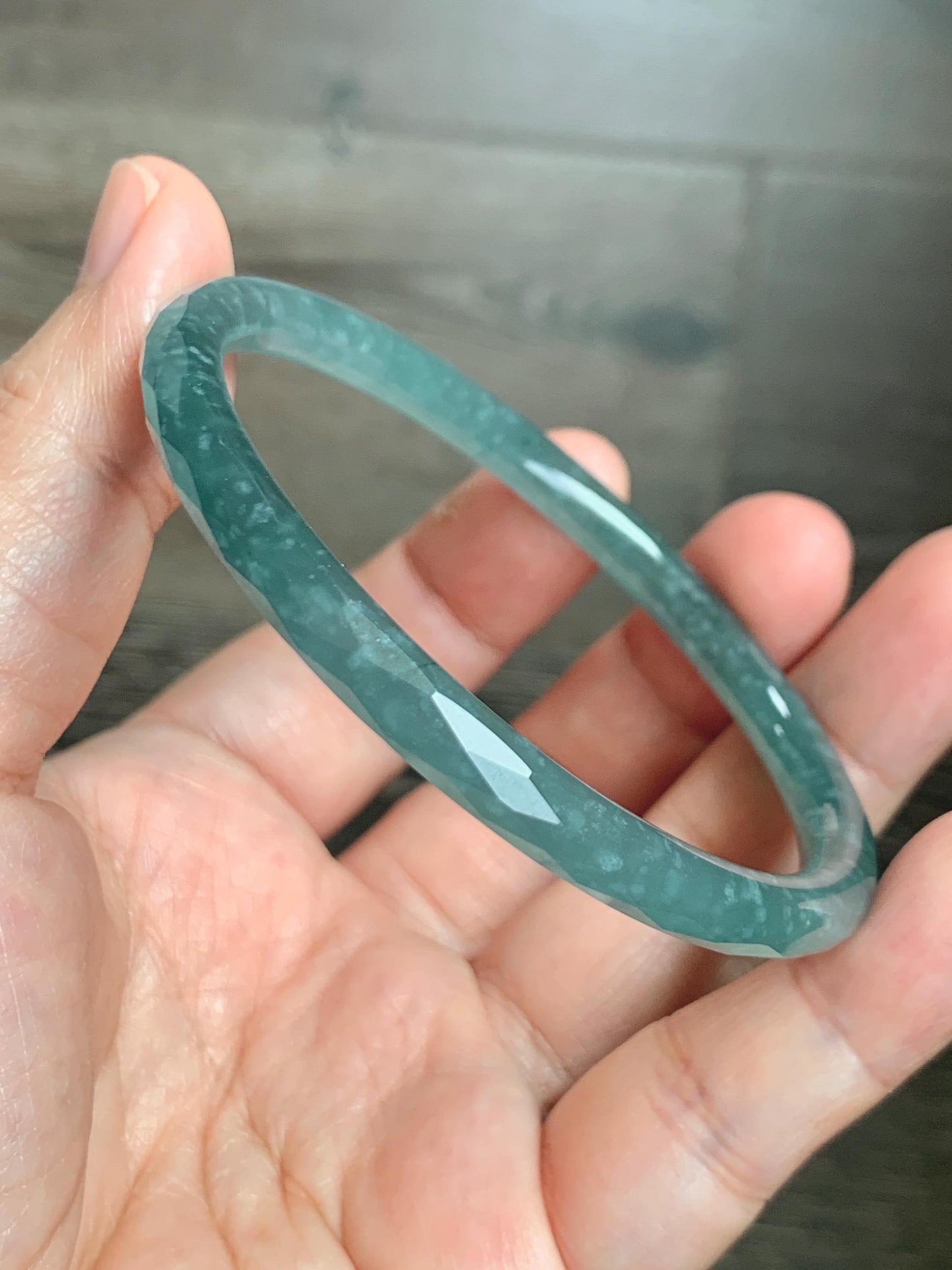 Certified Natural Grade A Guatemalan Icy Translucent Dusty Teal Jade Jadeite Diamond Faceted Bangle 59mm 7.29” 19g 天然冰危蓝绿翡翠细圆条切割面手镯 185