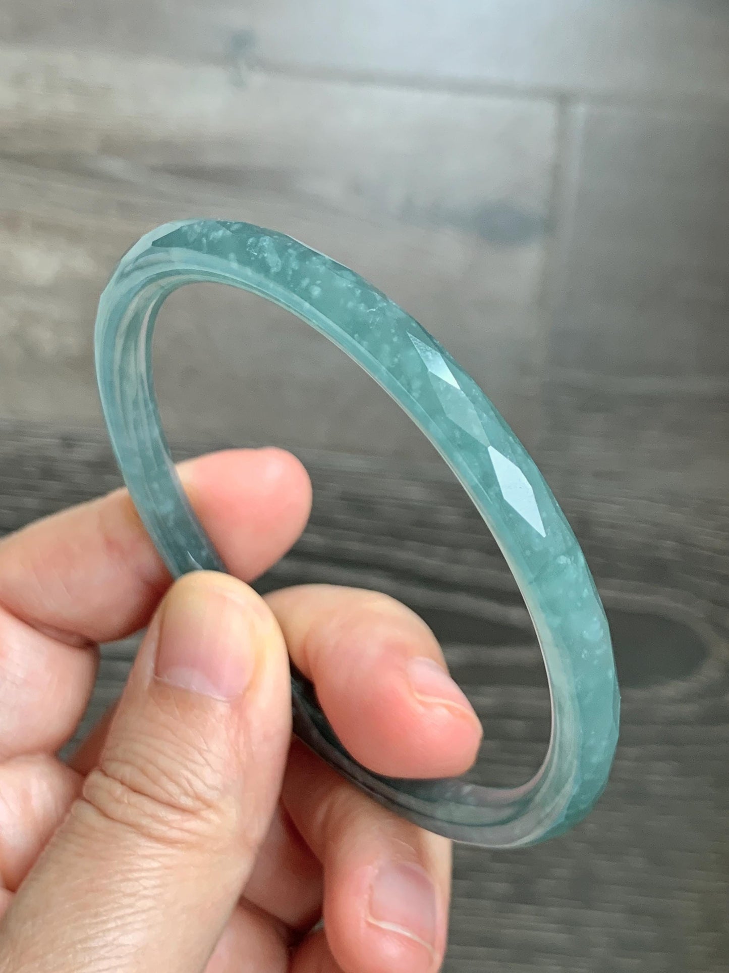 Certified Natural Grade A Guatemalan Icy Translucent Dusty Teal Jade Jadeite Diamond Faceted Bangle 59mm 7.29” 19g 天然冰危蓝绿翡翠细圆条切割面手镯 185