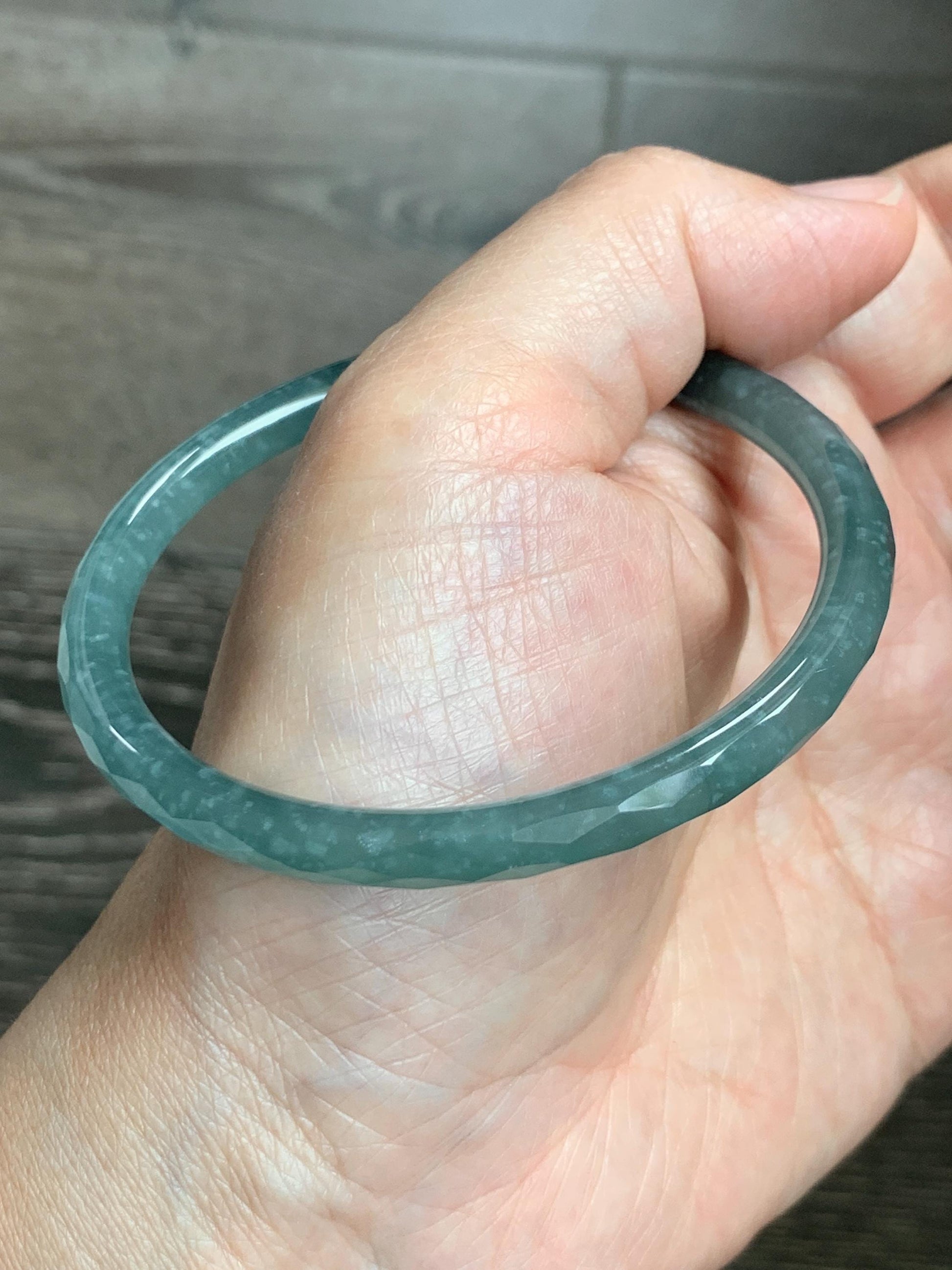 Certified Natural Grade A Guatemalan Icy Translucent Dusty Teal Jade Jadeite Diamond Faceted Bangle 59mm 7.29” 19g 天然冰危蓝绿翡翠细圆条切割面手镯 185