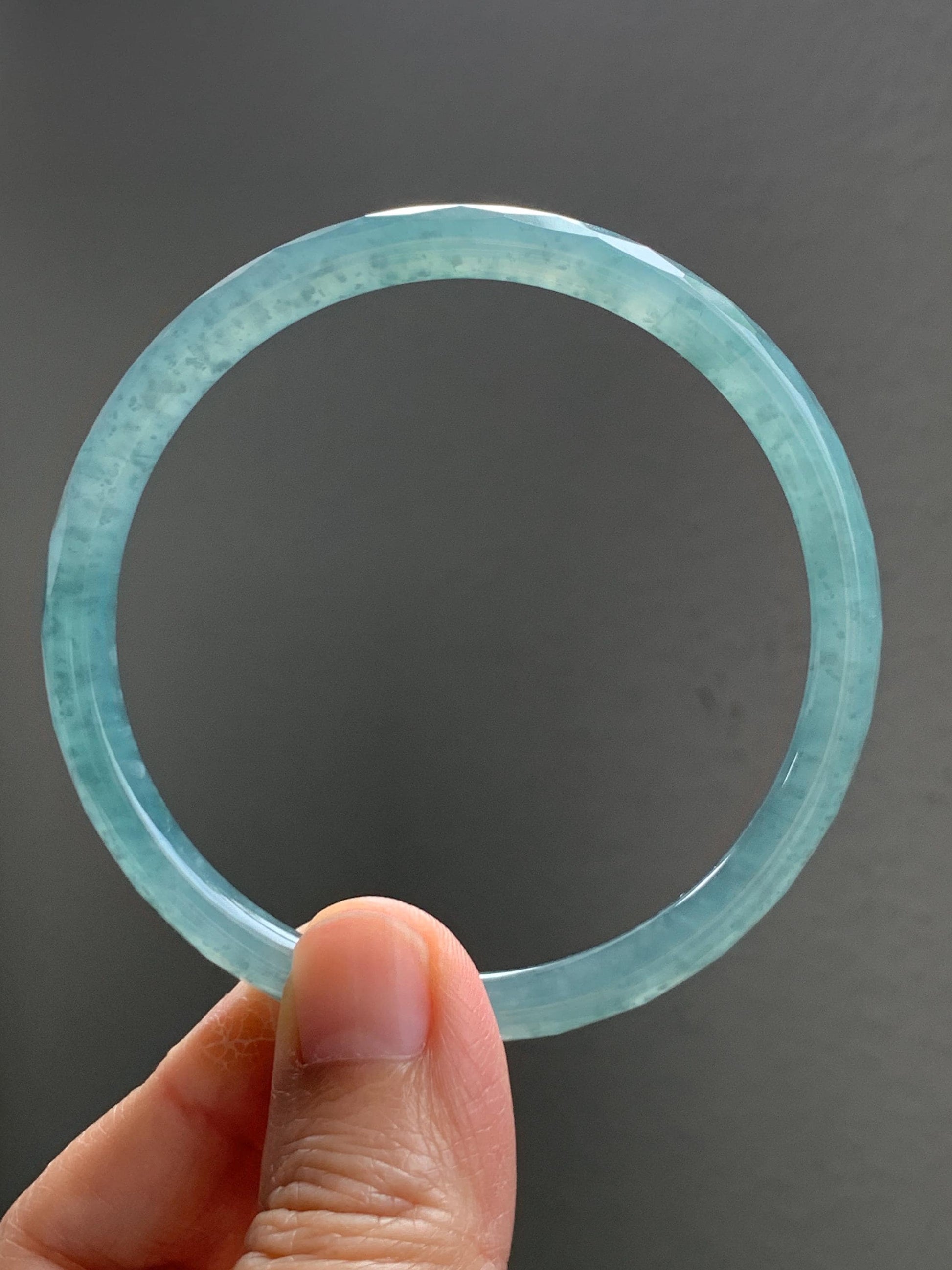 Certified Natural Grade A Guatemalan Icy Translucent Dusty Teal Jade Jadeite Diamond Faceted Bangle 59mm 7.29” 19g 天然冰危蓝绿翡翠细圆条切割面手镯 185