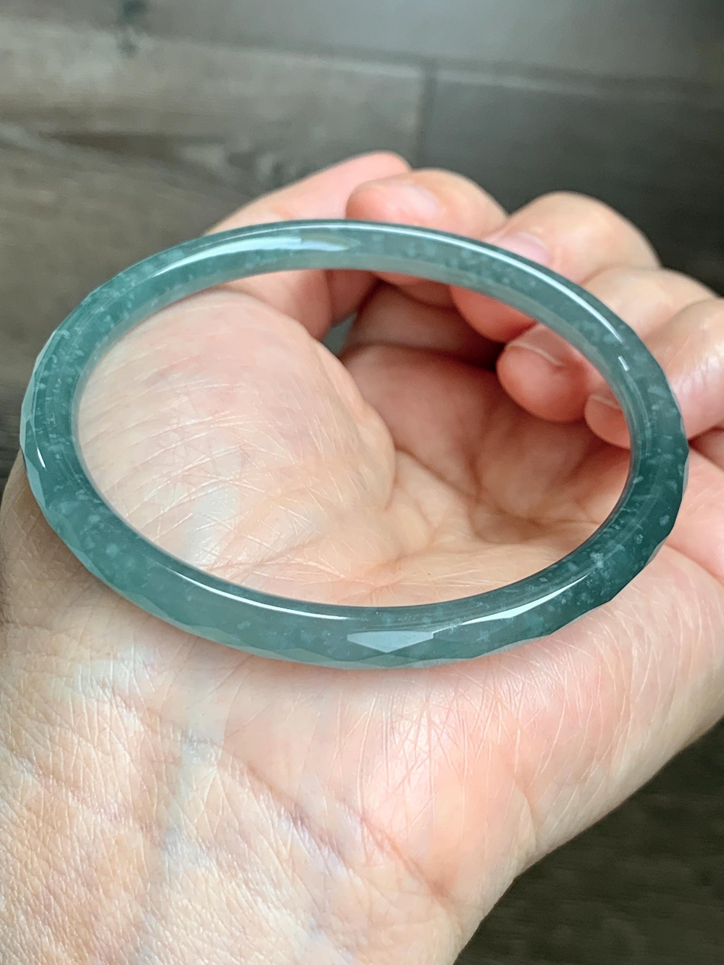 Certified Natural Grade A Guatemalan Icy Translucent Dusty Teal Jade Jadeite Diamond Faceted Bangle 59mm 7.29” 19g 天然冰危蓝绿翡翠细圆条切割面手镯 185