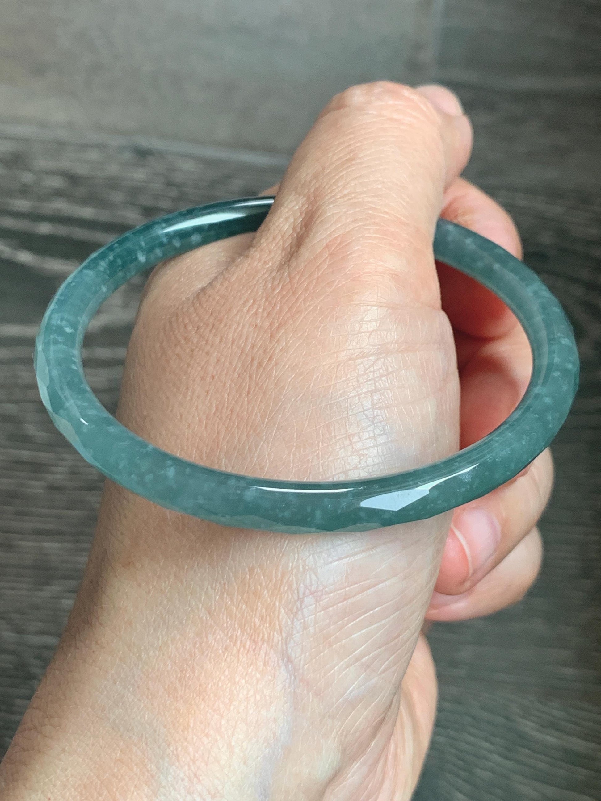 Certified Natural Grade A Guatemalan Icy Translucent Dusty Teal Jade Jadeite Diamond Faceted Bangle 59mm 7.29” 19g 天然冰危蓝绿翡翠细圆条切割面手镯 185