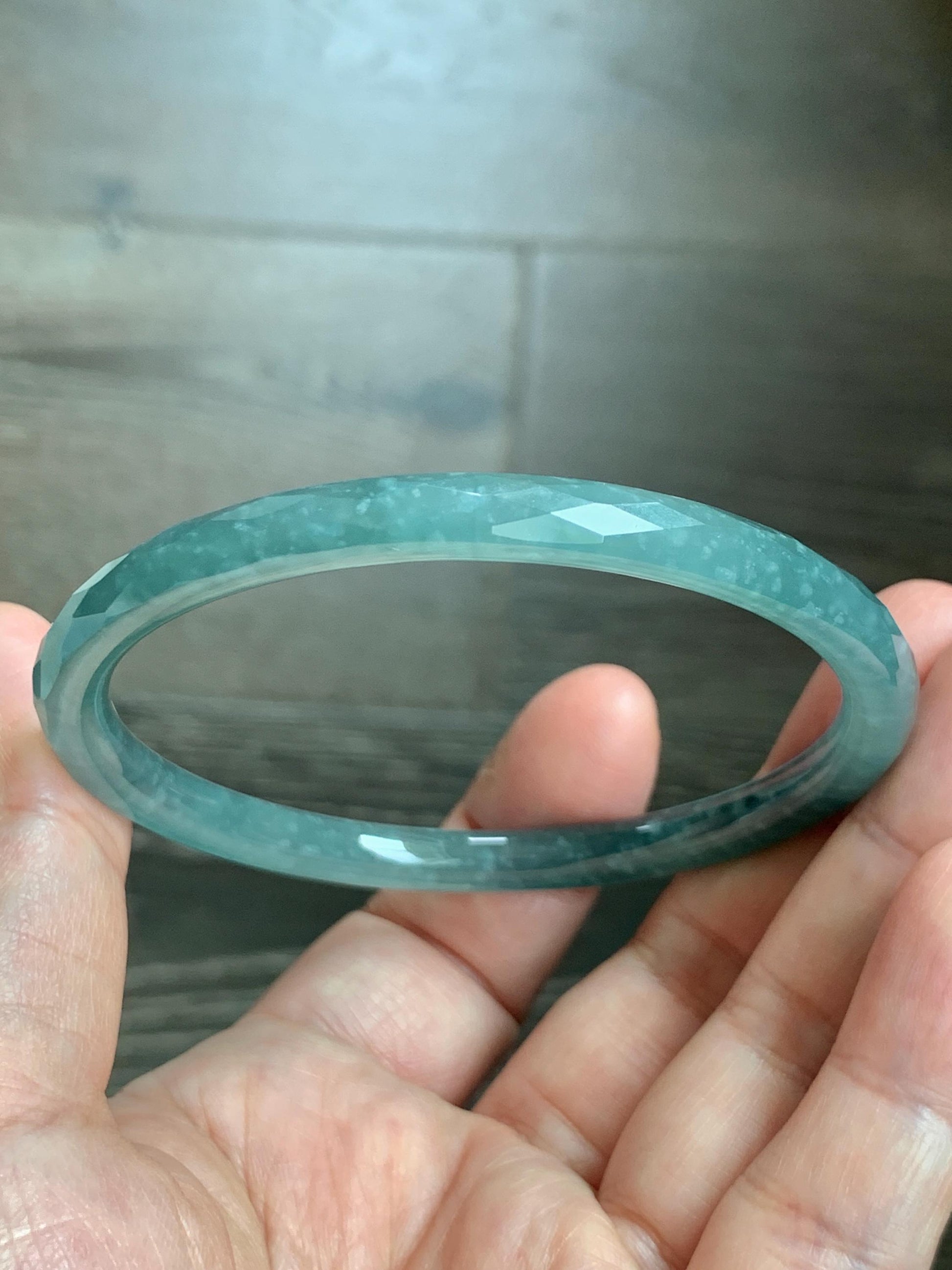 Certified Natural Grade A Guatemalan Icy Translucent Dusty Teal Jade Jadeite Diamond Faceted Bangle 59mm 7.29” 19g 天然冰危蓝绿翡翠细圆条切割面手镯 185