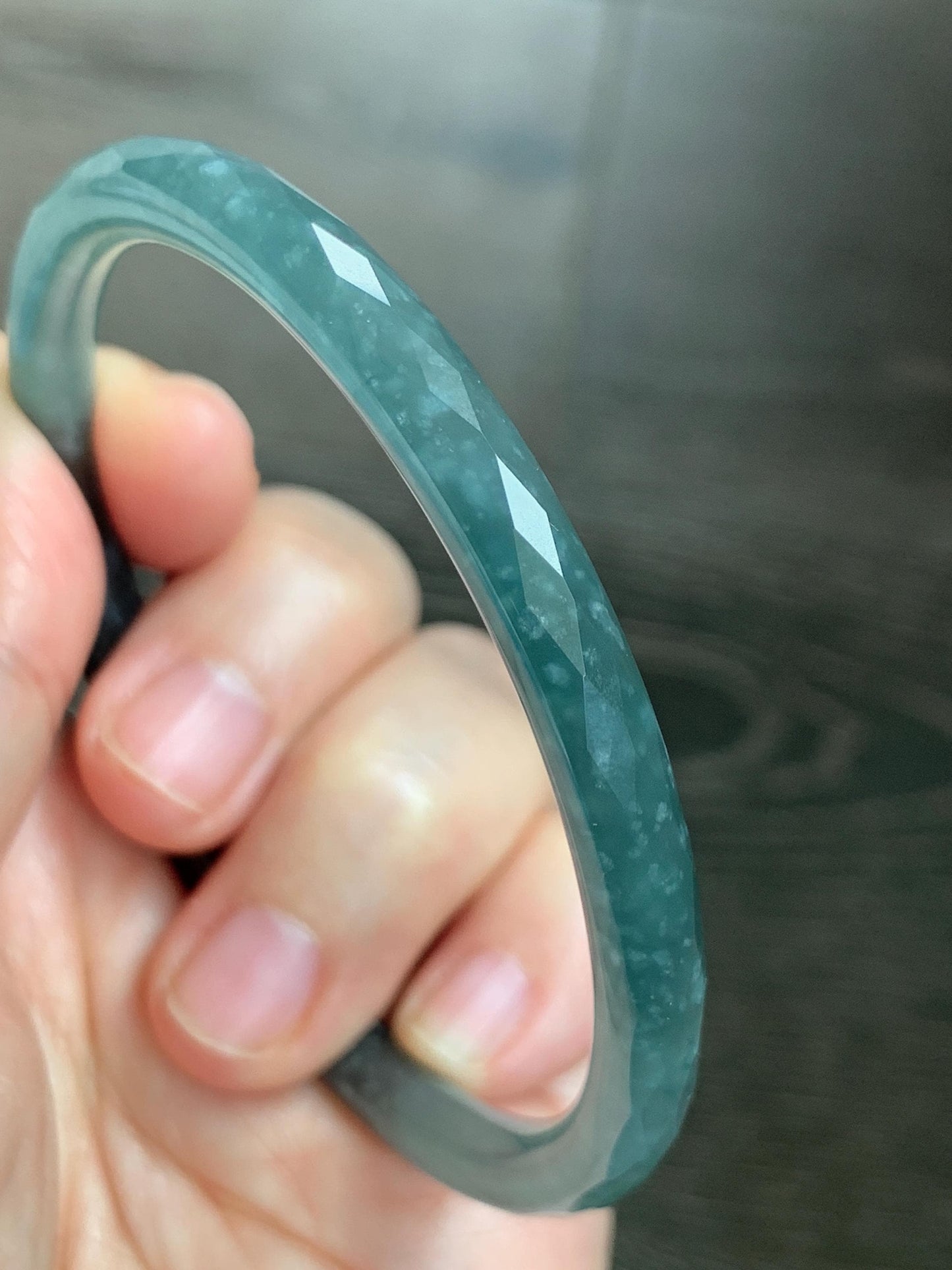 Certified Natural Grade A Guatemalan Icy Translucent Dusty Teal Jade Jadeite Diamond Faceted Bangle 59mm 7.29” 19g 天然冰危蓝绿翡翠细圆条切割面手镯 185