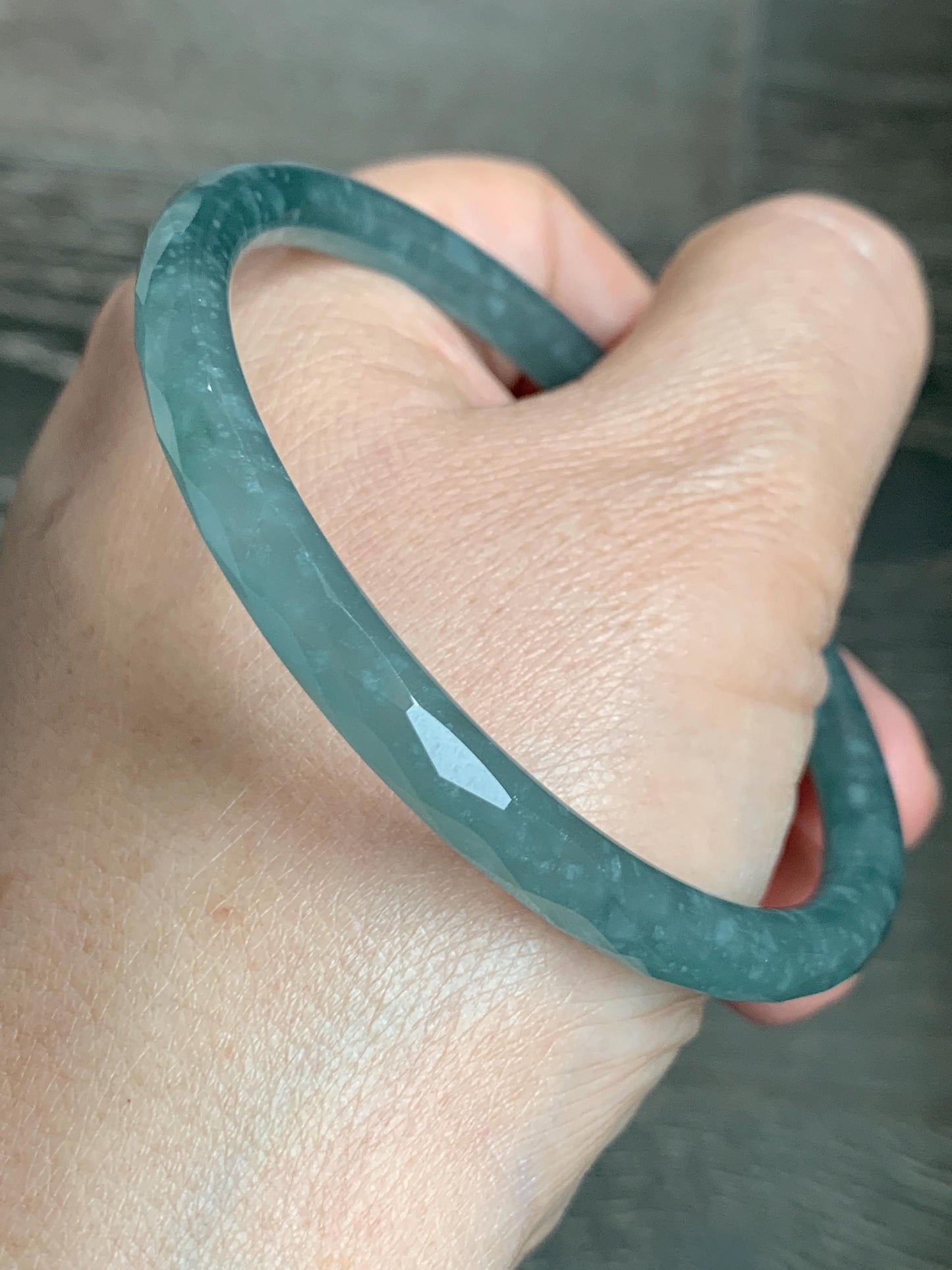 Certified Natural Grade A Guatemalan Icy Translucent Dusty Teal Jade Jadeite Diamond Faceted Bangle 59mm 7.29” 19g 天然冰危蓝绿翡翠细圆条切割面手镯 185