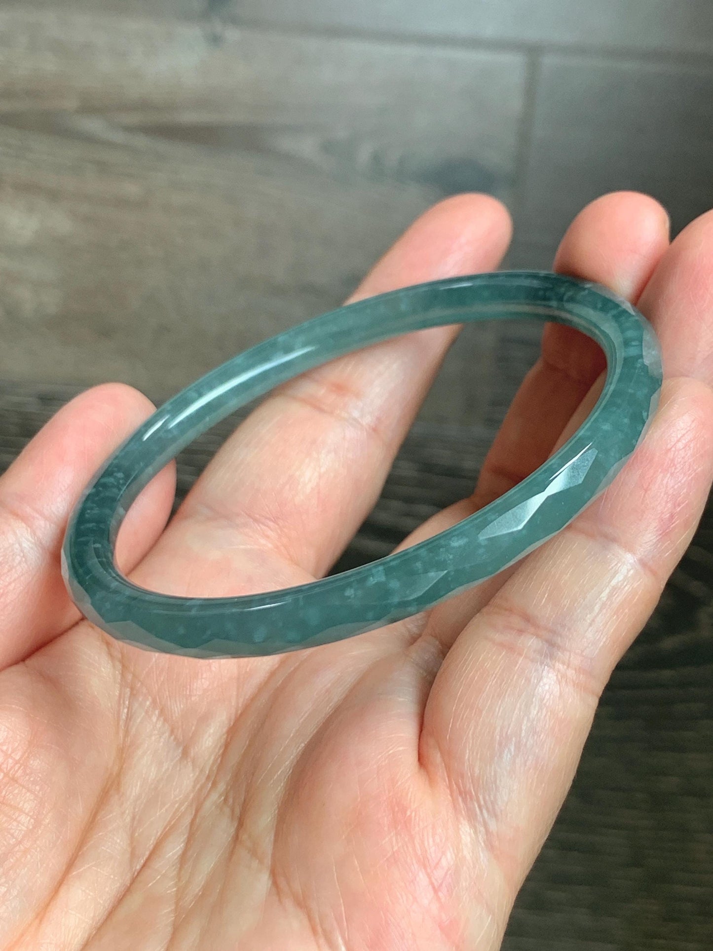 Certified Natural Grade A Guatemalan Icy Translucent Dusty Teal Jade Jadeite Diamond Faceted Bangle 59mm 7.29” 19g 天然冰危蓝绿翡翠细圆条切割面手镯 185