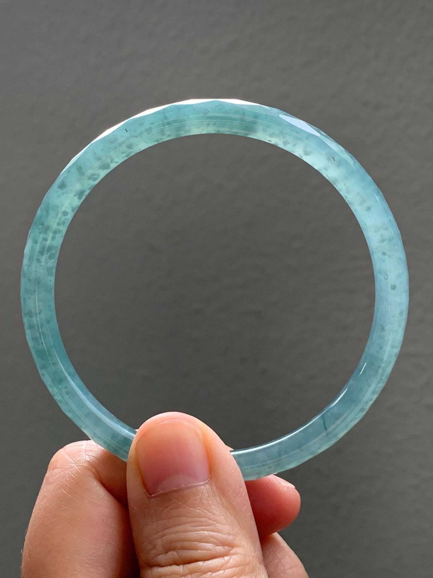 Certified Natural Grade A Guatemalan Icy Translucent Dusty Teal Jade Jadeite Diamond Faceted Bangle 58mm 7.18” 18.45g 天然冰危蓝绿翡翠细圆条切割面手镯 183