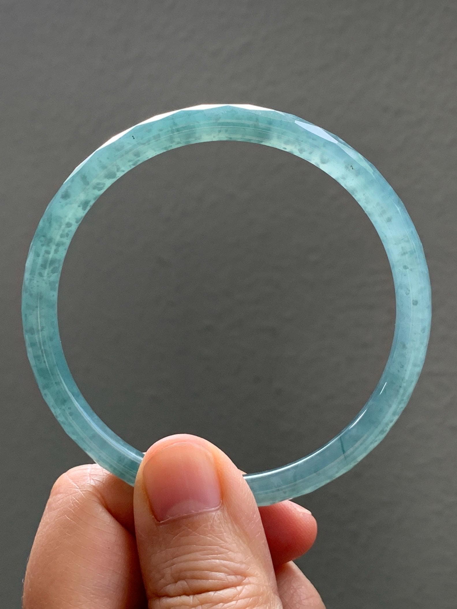 Certified Natural Grade A Guatemalan Icy Translucent Dusty Teal Jade Jadeite Diamond Faceted Bangle 58mm 7.18” 18.45g 天然冰危蓝绿翡翠细圆条切割面手镯 183