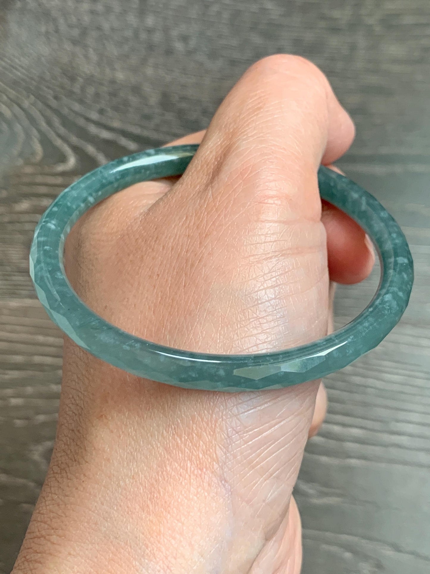 Certified Natural Grade A Guatemalan Icy Translucent Dusty Teal Jade Jadeite Diamond Faceted Bangle 58mm 7.18” 18.45g 天然冰危蓝绿翡翠细圆条切割面手镯 183