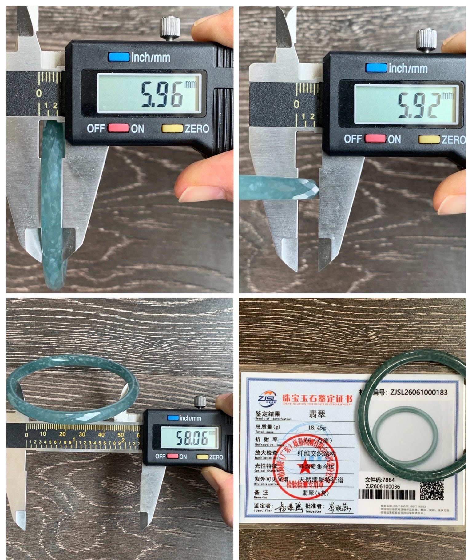 Certified Natural Grade A Guatemalan Icy Translucent Dusty Teal Jade Jadeite Diamond Faceted Bangle 58mm 7.18” 18.45g 天然冰危蓝绿翡翠细圆条切割面手镯 183