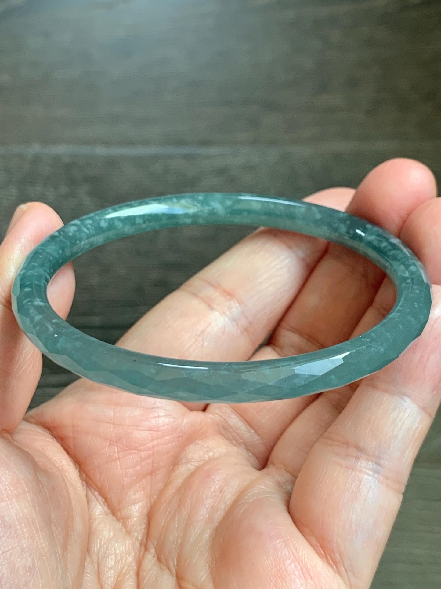 Certified Natural Grade A Guatemalan Icy Translucent Dusty Teal Jade Jadeite Diamond Faceted Bangle 58mm 7.18” 18.45g 天然冰危蓝绿翡翠细圆条切割面手镯 183