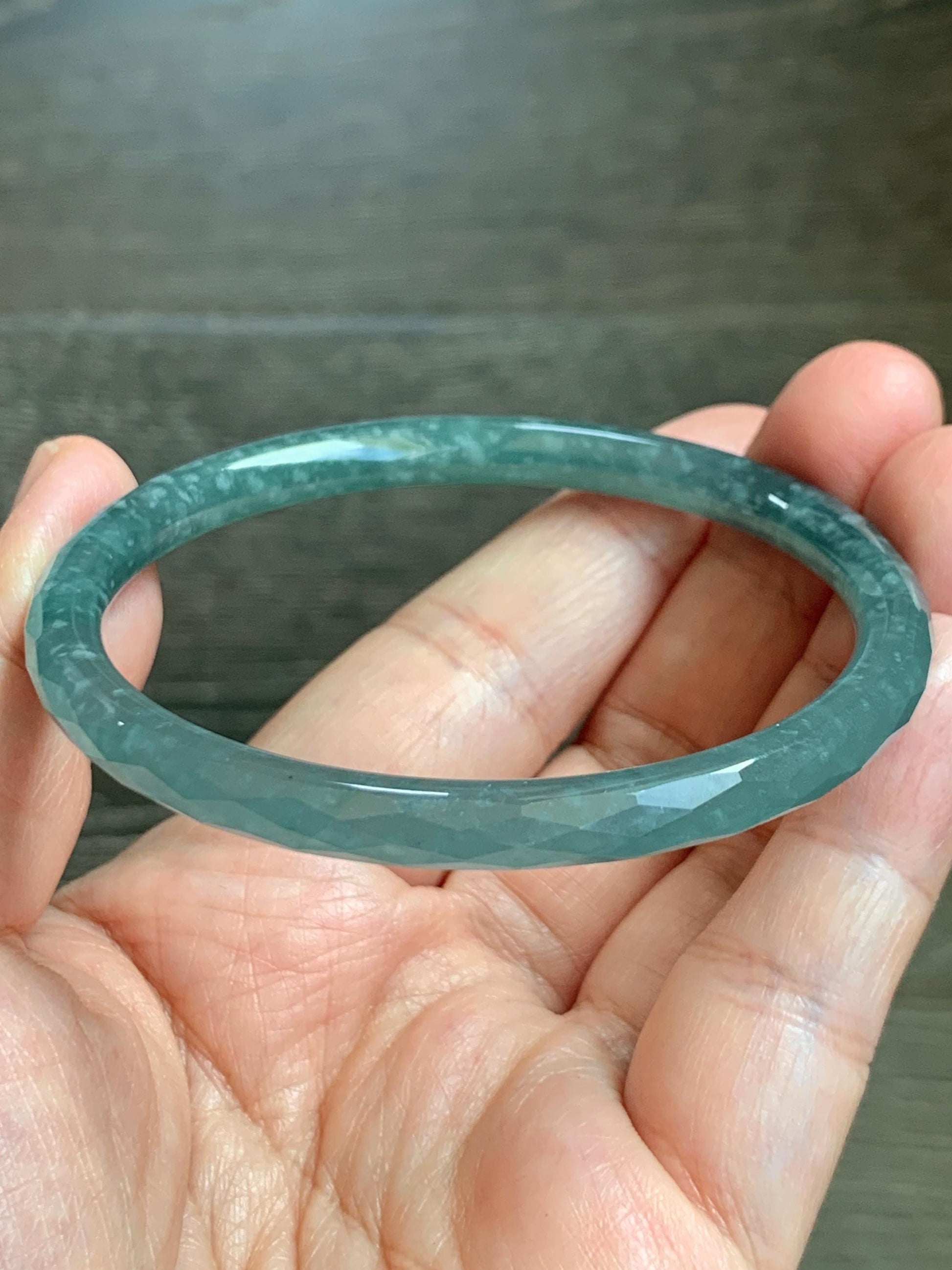 Certified Natural Grade A Guatemalan Icy Translucent Dusty Teal Jade Jadeite Diamond Faceted Bangle 58mm 7.18” 18.45g 天然冰危蓝绿翡翠细圆条切割面手镯 183