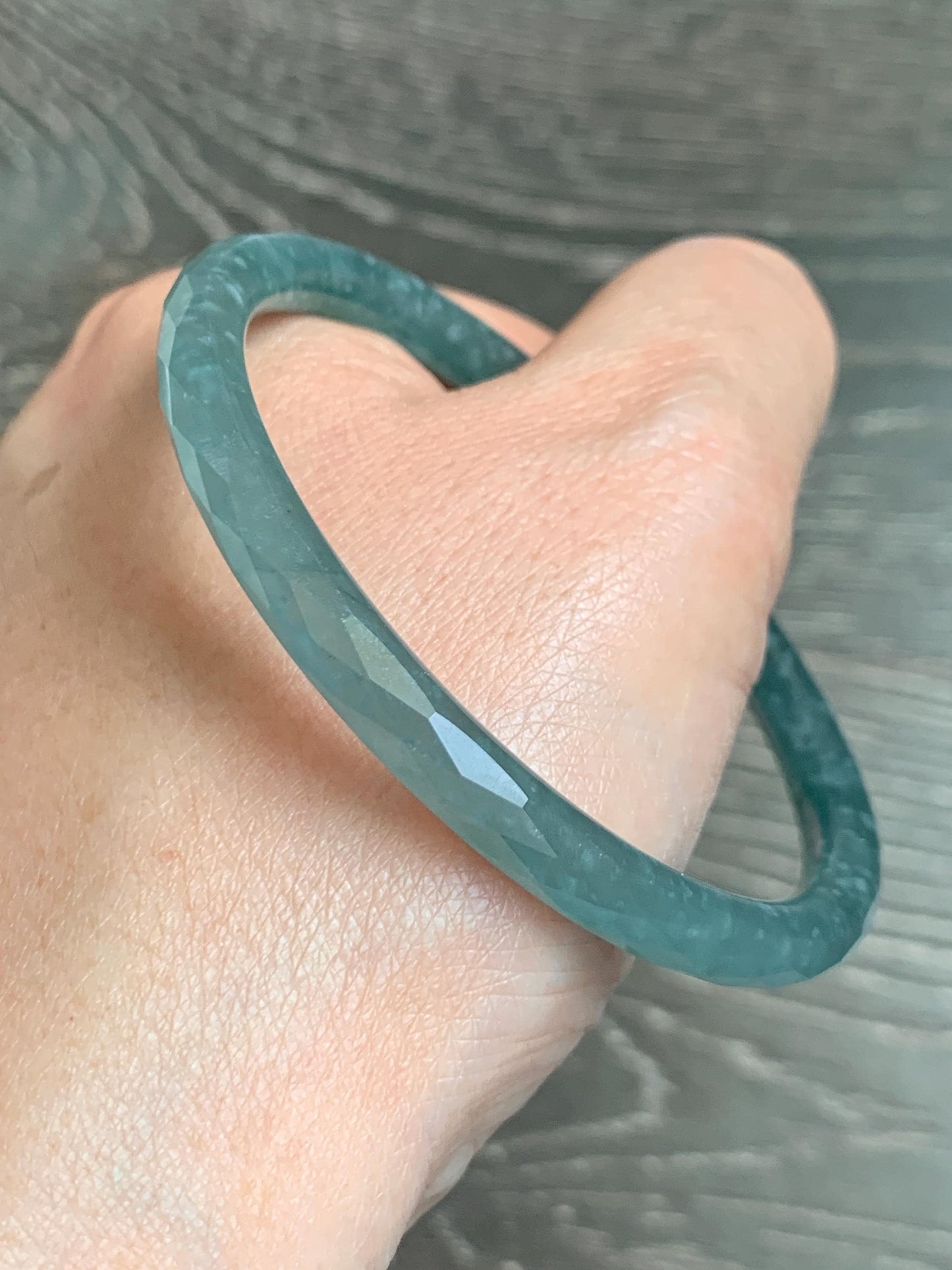 Certified Natural Grade A Guatemalan Icy Translucent Dusty Teal Jade Jadeite Diamond Faceted Bangle 58mm 7.18” 18.45g 天然冰危蓝绿翡翠细圆条切割面手镯 183