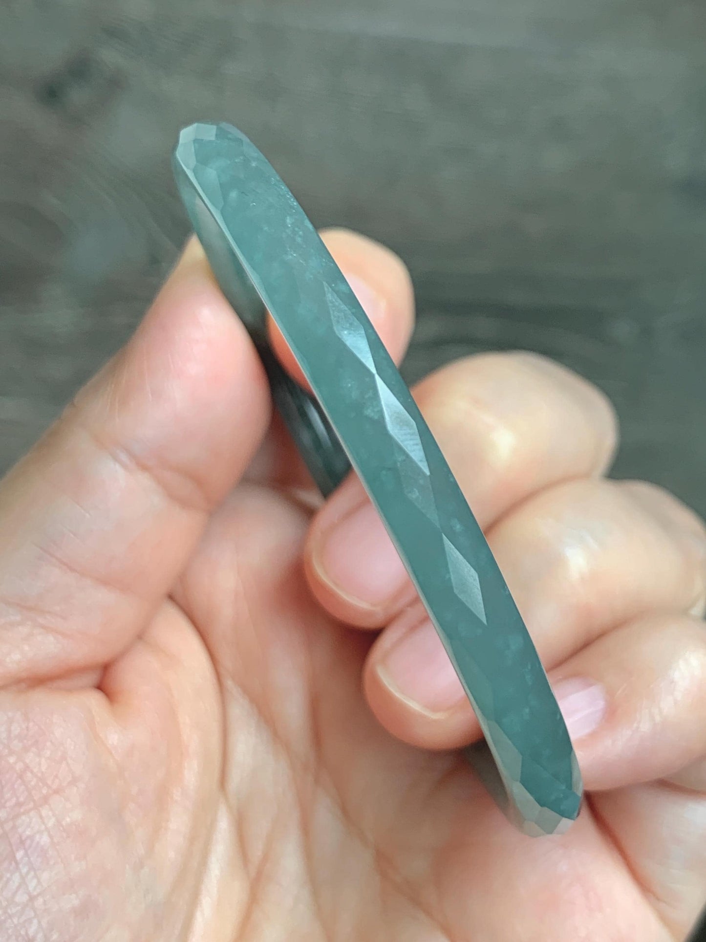 Certified Natural Grade A Guatemalan Icy Translucent Dusty Teal Jade Jadeite Diamond Faceted Bangle 58mm 7.18” 18.45g 天然冰危蓝绿翡翠细圆条切割面手镯 183