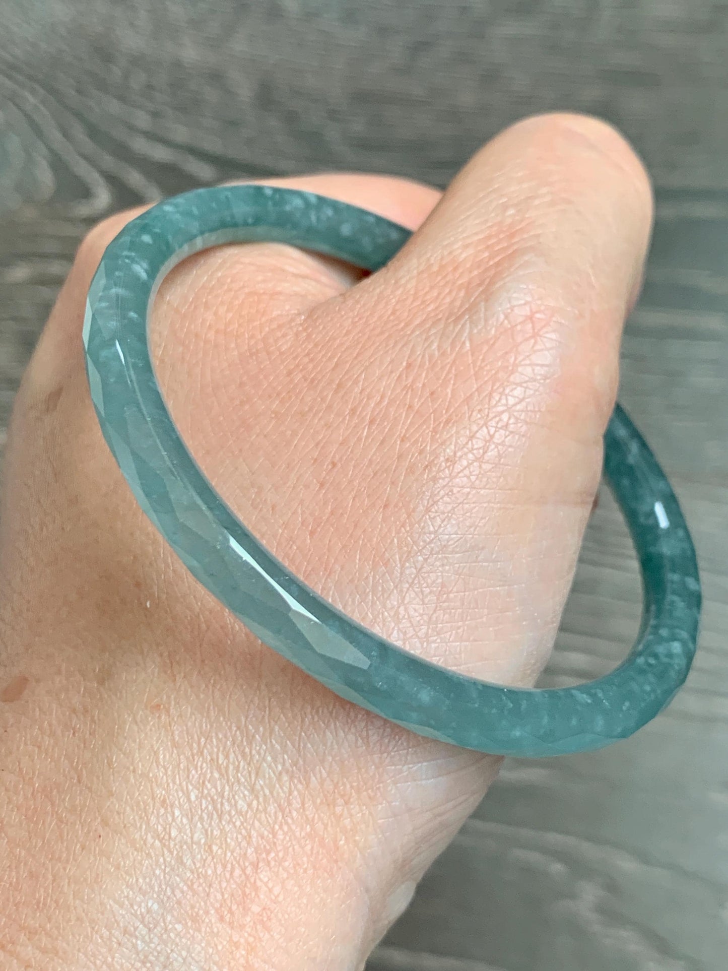 Certified Natural Grade A Guatemalan Icy Translucent Dusty Teal Jade Jadeite Diamond Faceted Bangle 58mm 7.18” 18.45g 天然冰危蓝绿翡翠细圆条切割面手镯 183