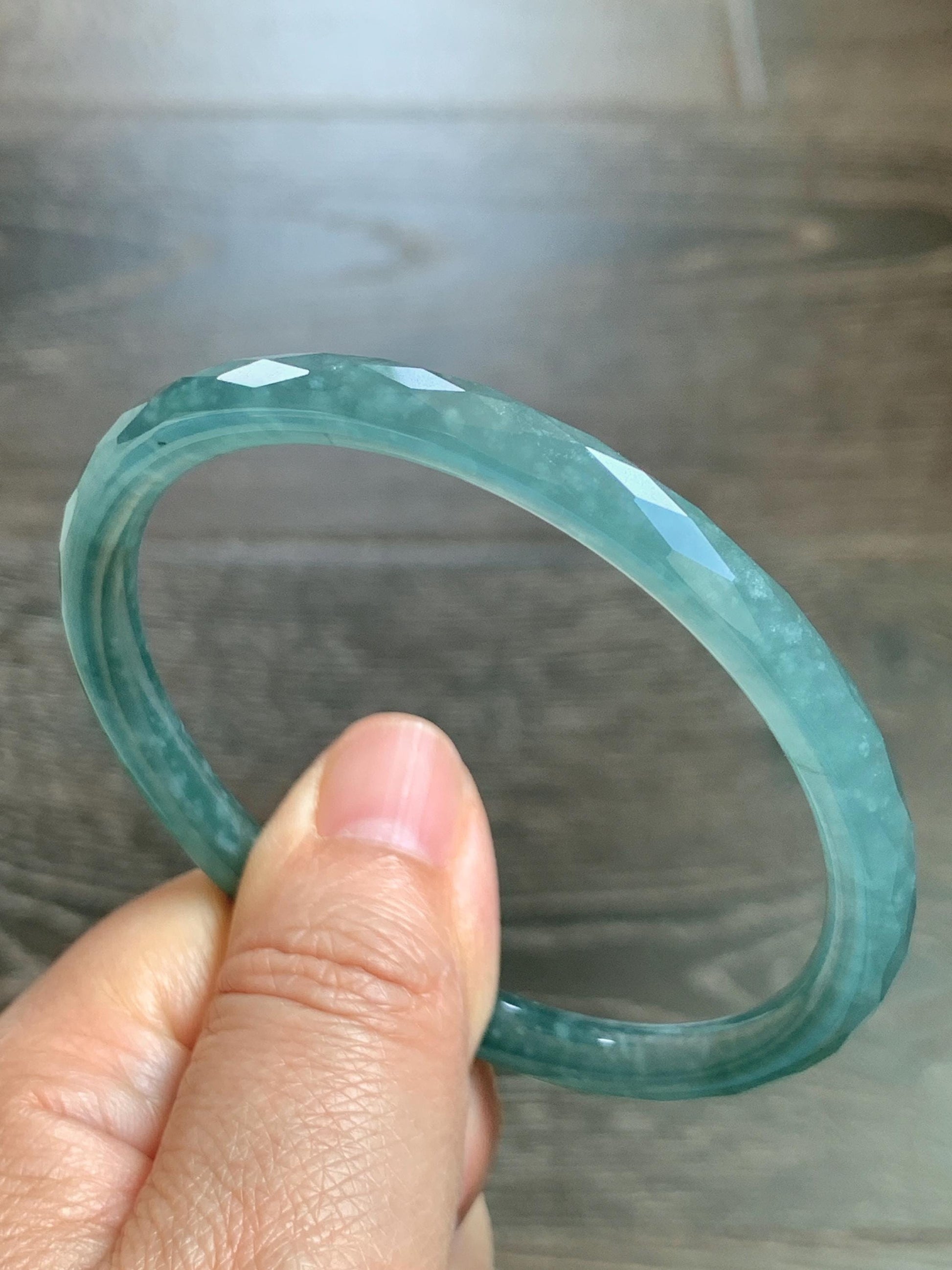 Certified Natural Grade A Guatemalan Icy Translucent Dusty Teal Jade Jadeite Diamond Faceted Bangle 58mm 7.18” 18.45g 天然冰危蓝绿翡翠细圆条切割面手镯 183