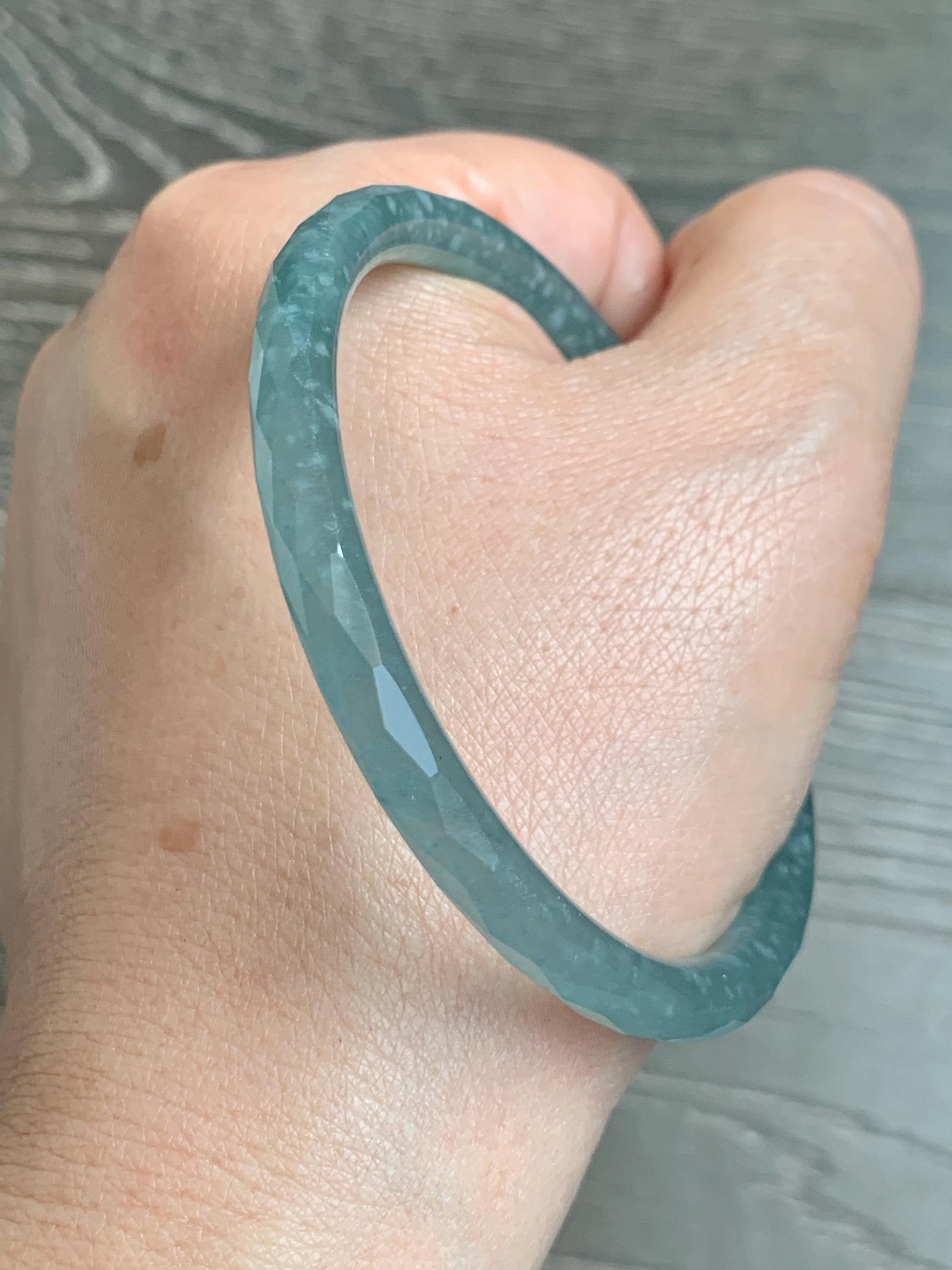 Certified Natural Grade A Guatemalan Icy Translucent Dusty Teal Jade Jadeite Diamond Faceted Bangle 58mm 7.18” 18.45g 天然冰危蓝绿翡翠细圆条切割面手镯 183