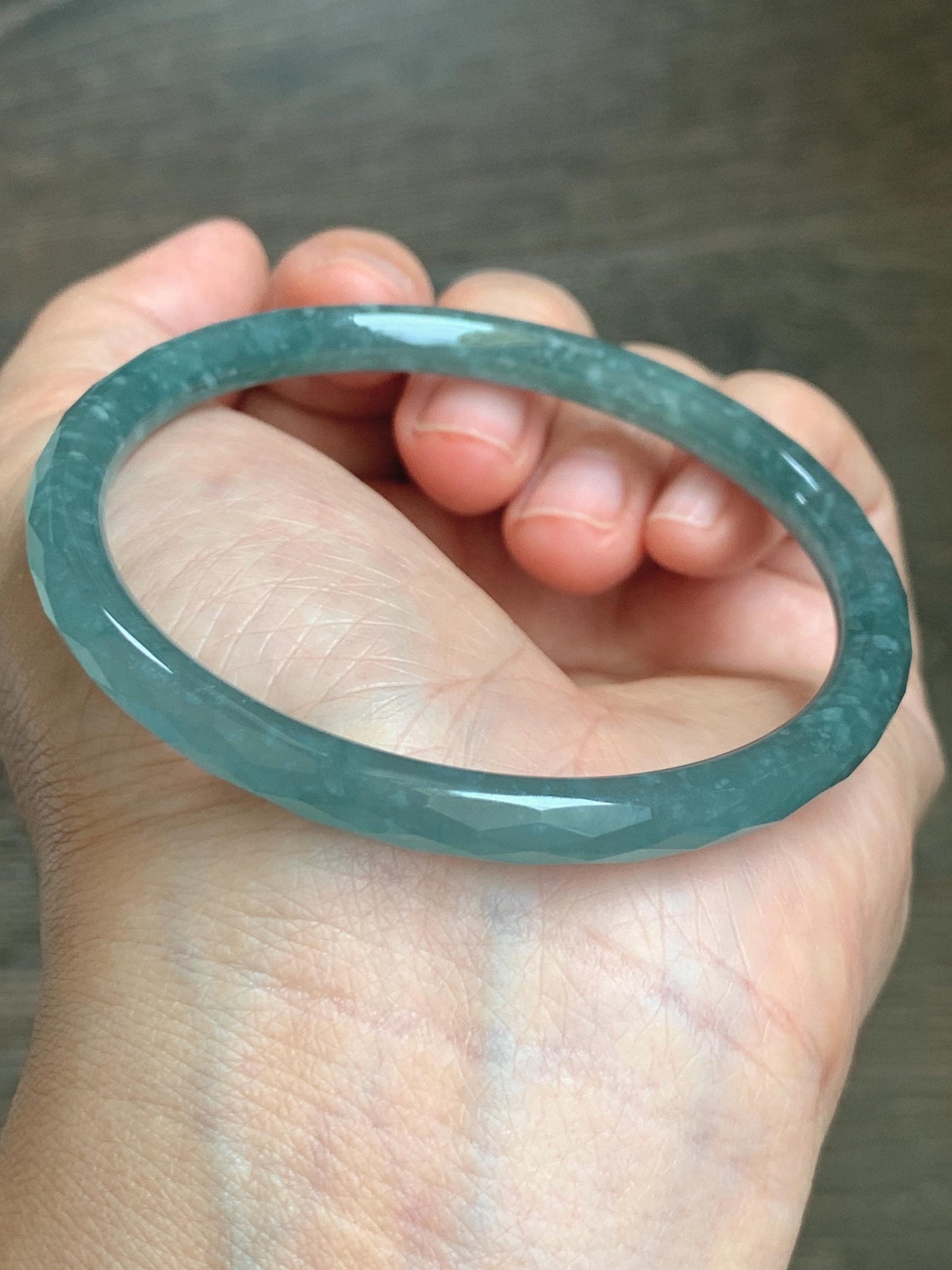 Certified Natural Grade A Guatemalan Icy Translucent Dusty Teal Jade Jadeite Diamond Faceted Bangle 58mm 7.18” 18.45g 天然冰危蓝绿翡翠细圆条切割面手镯 183