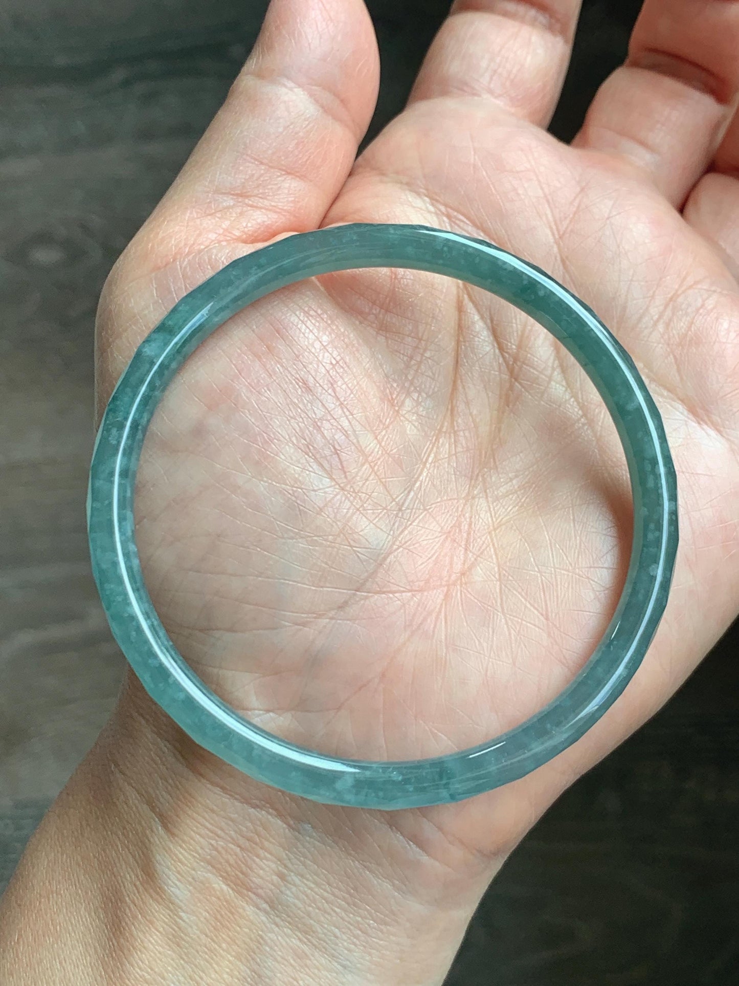 Certified Natural Grade A Guatemalan Icy Translucent Light Teal Jade Jadeite Diamond Faceted Bangle 61mm 7.54” 17.54g 天然冰危蓝绿翡翠细圆条切割面手镯 184