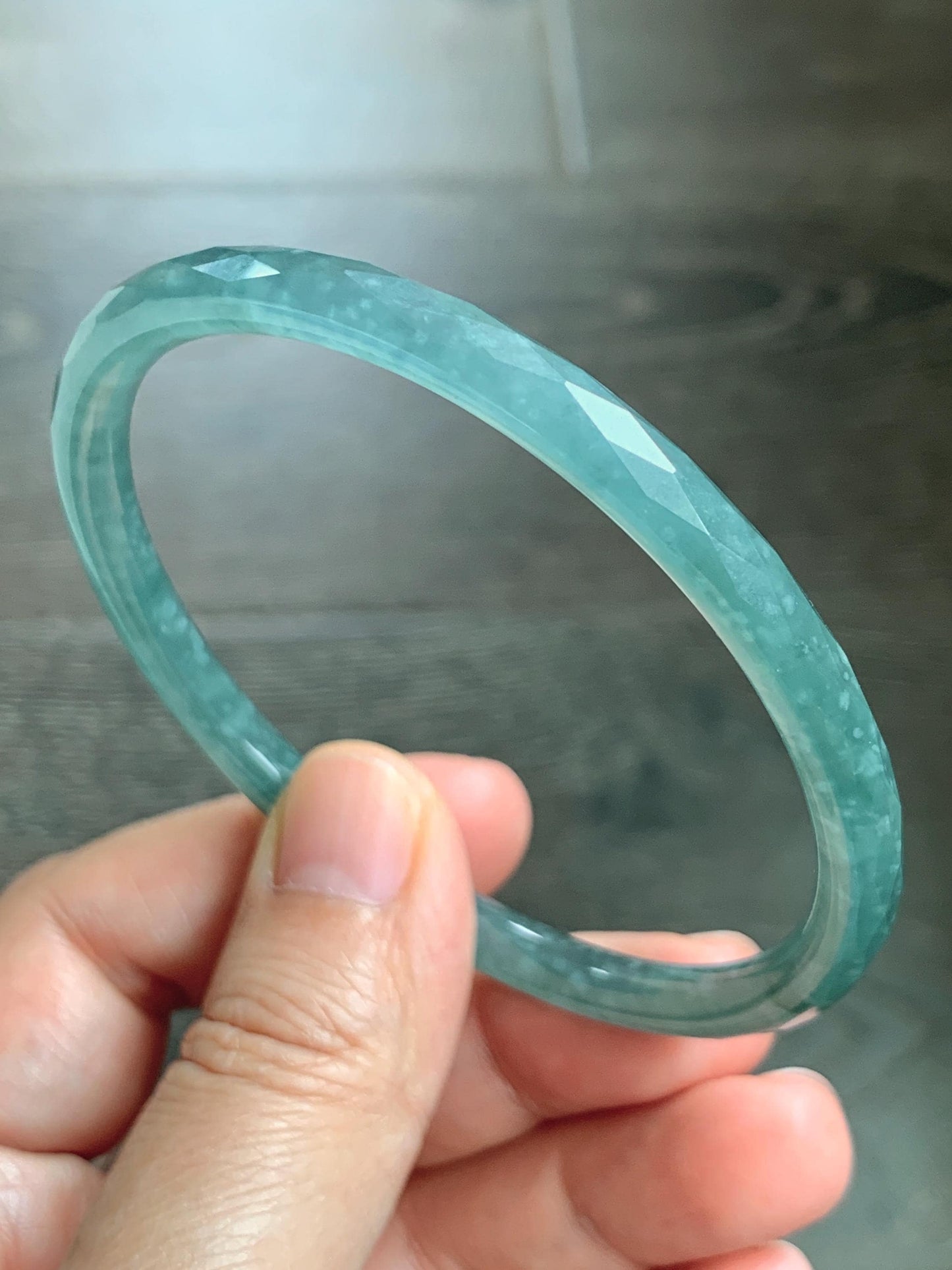 Certified Natural Grade A Guatemalan Icy Translucent Light Teal Jade Jadeite Diamond Faceted Bangle 61mm 7.54” 17.54g 天然冰危蓝绿翡翠细圆条切割面手镯 184