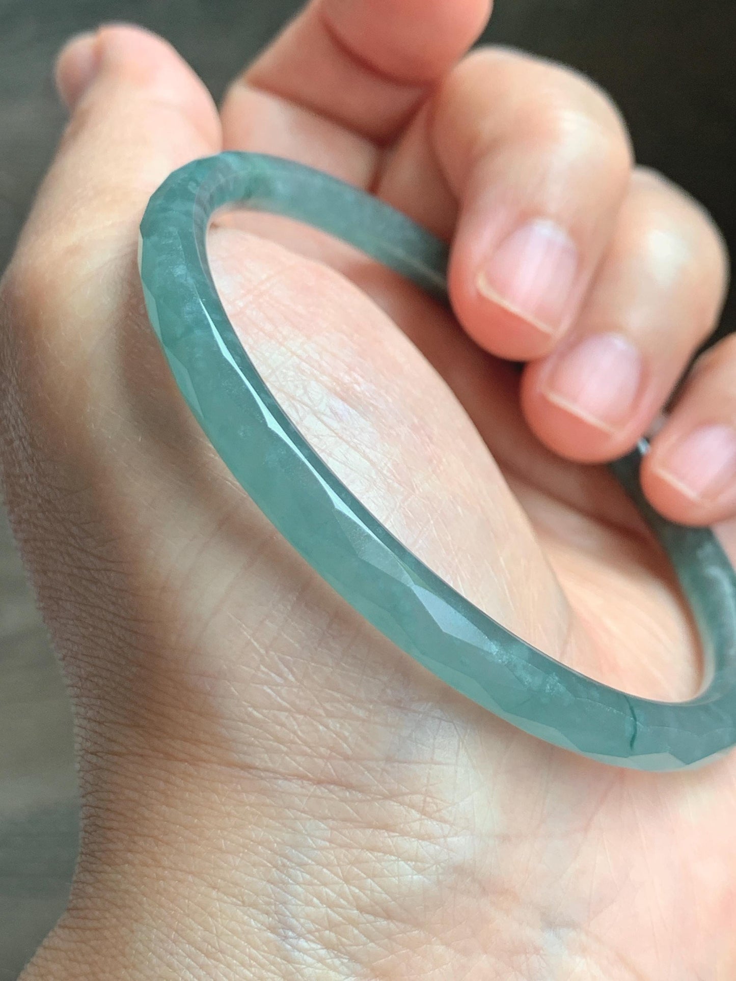 Certified Natural Grade A Guatemalan Icy Translucent Light Teal Jade Jadeite Diamond Faceted Bangle 61mm 7.54” 17.54g 天然冰危蓝绿翡翠细圆条切割面手镯 184