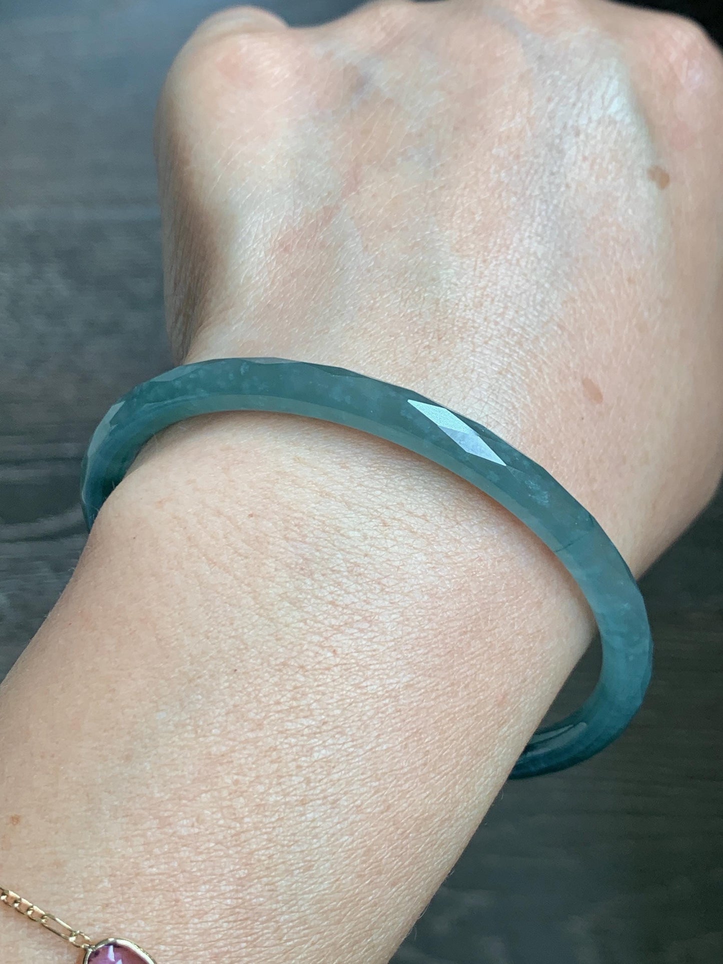 Certified Natural Grade A Guatemalan Icy Translucent Light Teal Jade Jadeite Diamond Faceted Bangle 61mm 7.54” 17.54g 天然冰危蓝绿翡翠细圆条切割面手镯 184