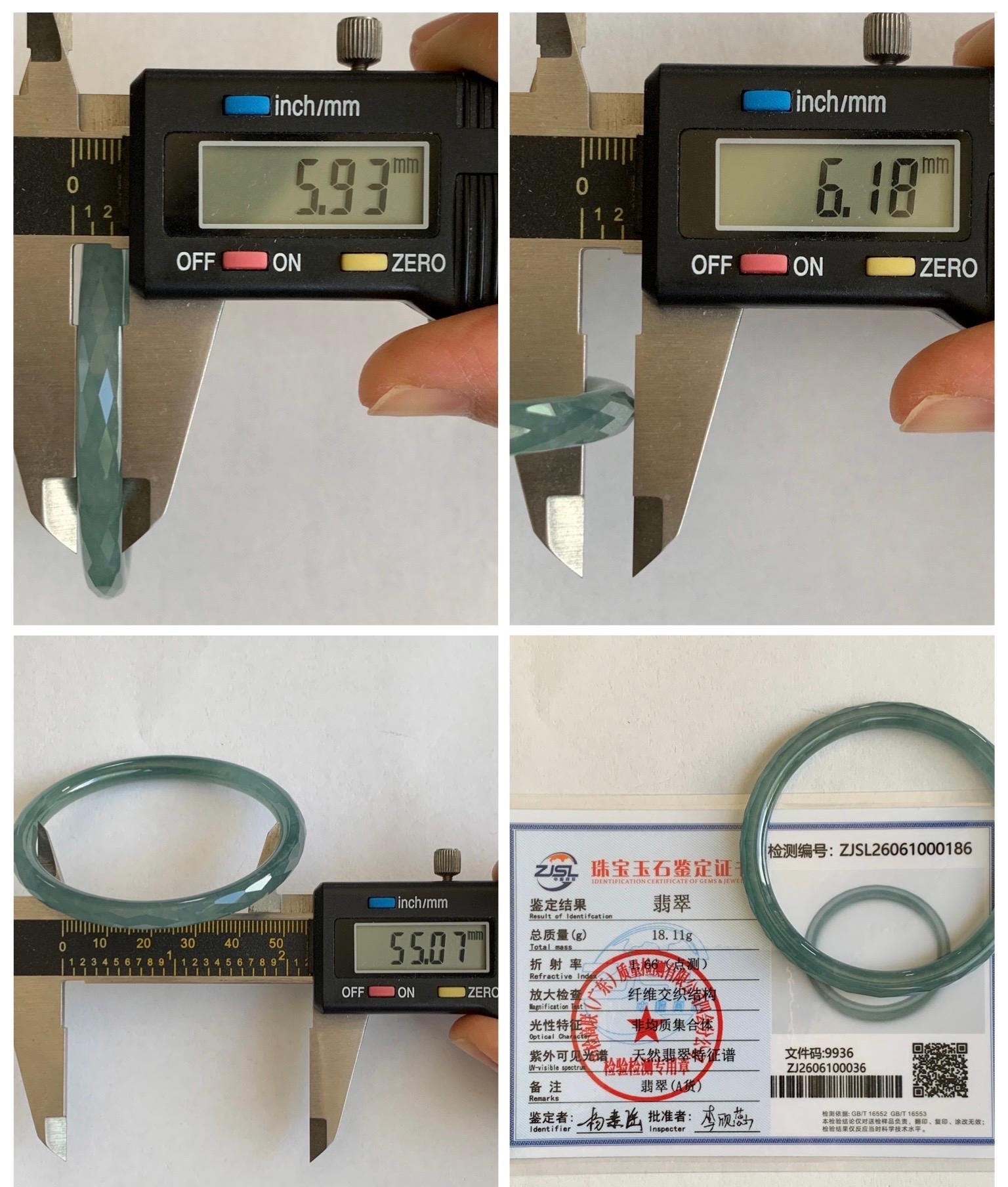 Certified Natural Grade A Guatemalan Icy Translucent Light Teal Jade Jadeite Diamond Faceted Bangle 55mm 6.8” 18g 天然冰危蓝绿翡翠细圆条切割面手镯 186