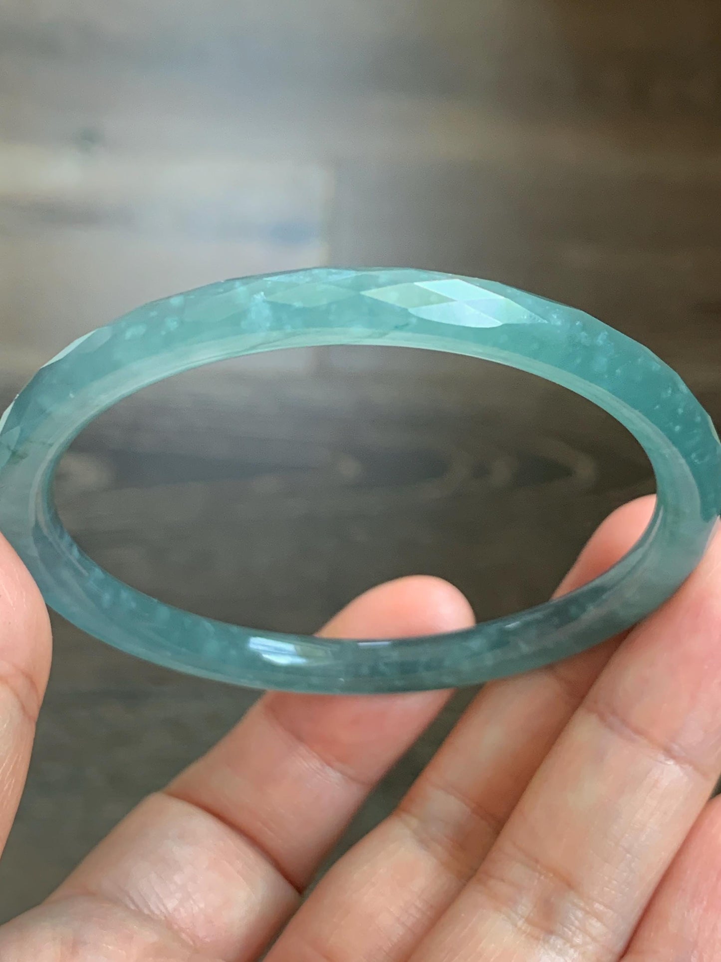 Certified Natural Grade A Guatemalan Icy Translucent Light Teal Jade Jadeite Diamond Faceted Bangle 55mm 6.8” 18g 天然冰危蓝绿翡翠细圆条切割面手镯 186