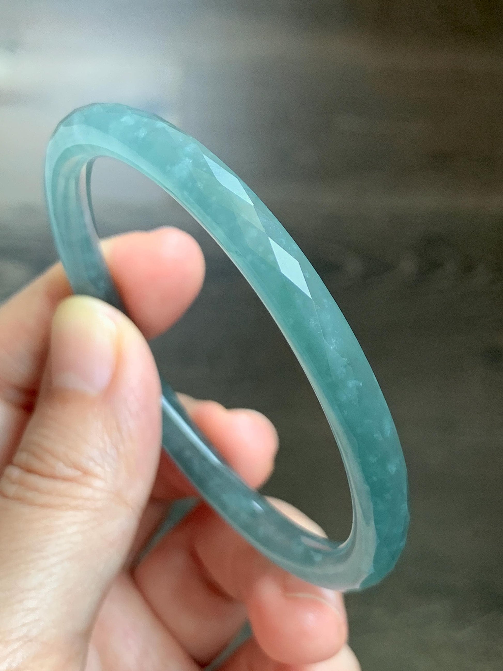 Certified Natural Grade A Guatemalan Icy Translucent Light Teal Jade Jadeite Diamond Faceted Bangle 55mm 6.8” 18g 天然冰危蓝绿翡翠细圆条切割面手镯 186