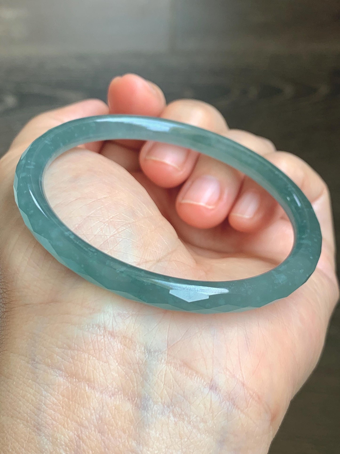 Certified Natural Grade A Guatemalan Icy Translucent Light Teal Jade Jadeite Diamond Faceted Bangle 55mm 6.8” 18g 天然冰危蓝绿翡翠细圆条切割面手镯 186