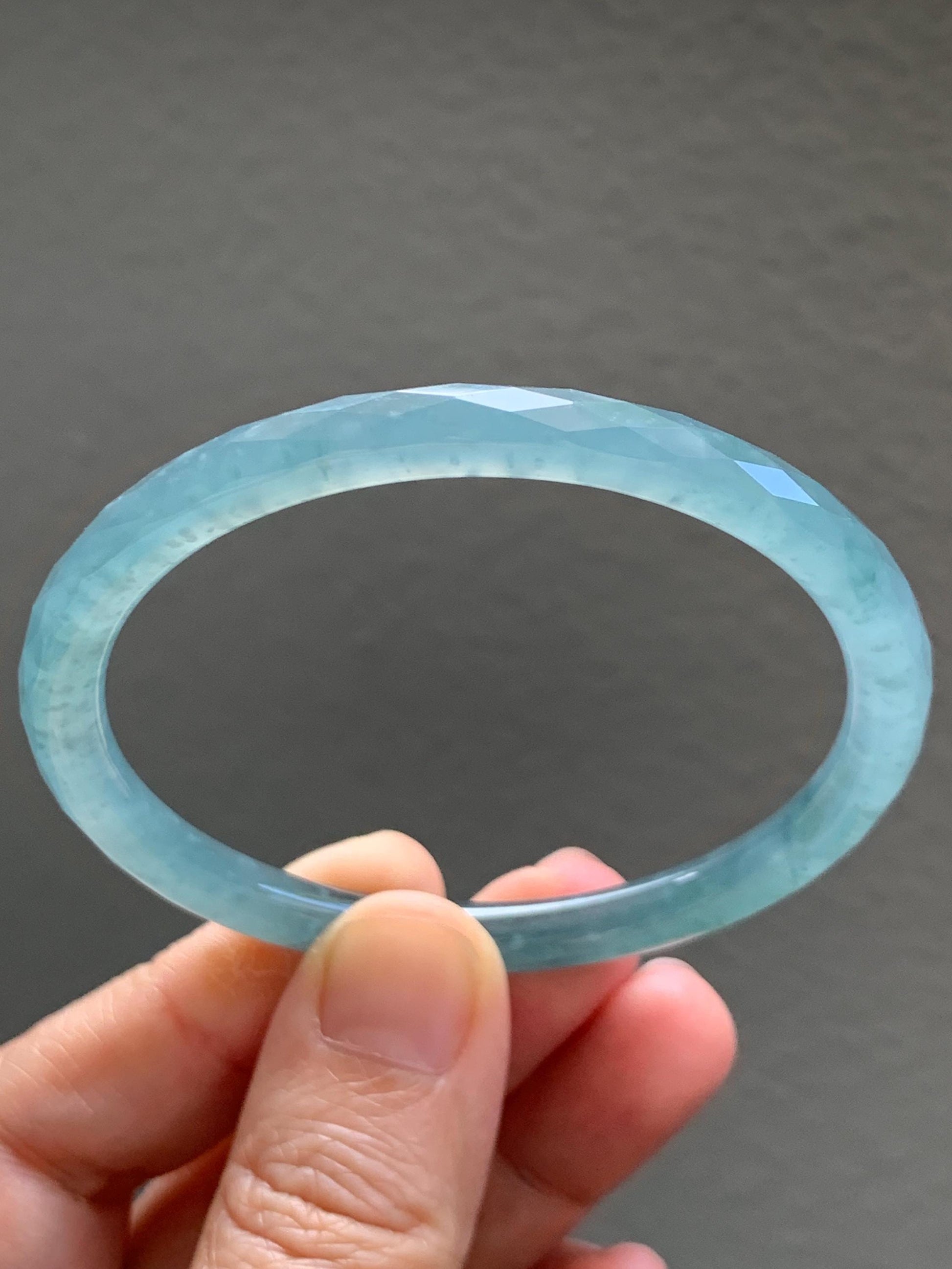 Certified Natural Grade A Guatemalan Icy Translucent Light Teal Jade Jadeite Diamond Faceted Bangle 55mm 6.8” 18g 天然冰危蓝绿翡翠细圆条切割面手镯 186