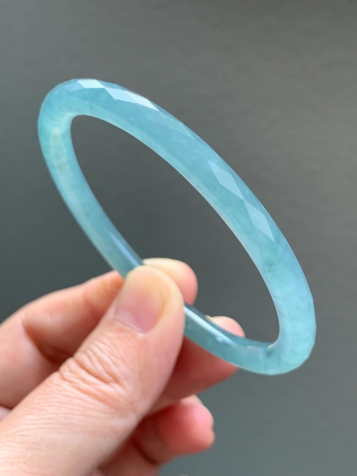 Certified Natural Grade A Guatemalan Icy Translucent Light Teal Jade Jadeite Diamond Faceted Bangle 55mm 6.8” 18g 天然冰危蓝绿翡翠细圆条切割面手镯 186