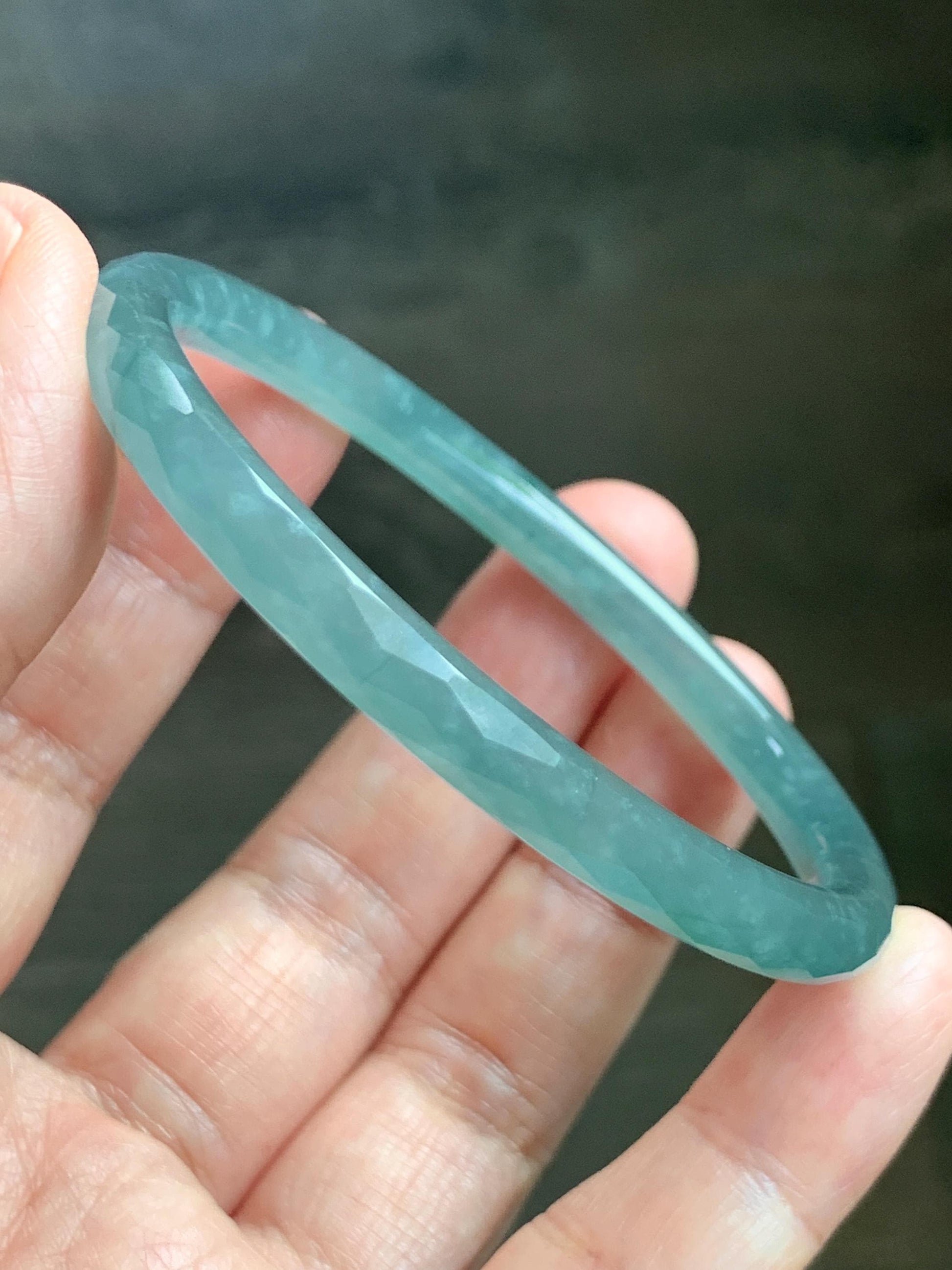 Certified Natural Grade A Guatemalan Icy Translucent Light Teal Jade Jadeite Diamond Faceted Bangle 55mm 6.8” 18g 天然冰危蓝绿翡翠细圆条切割面手镯 186