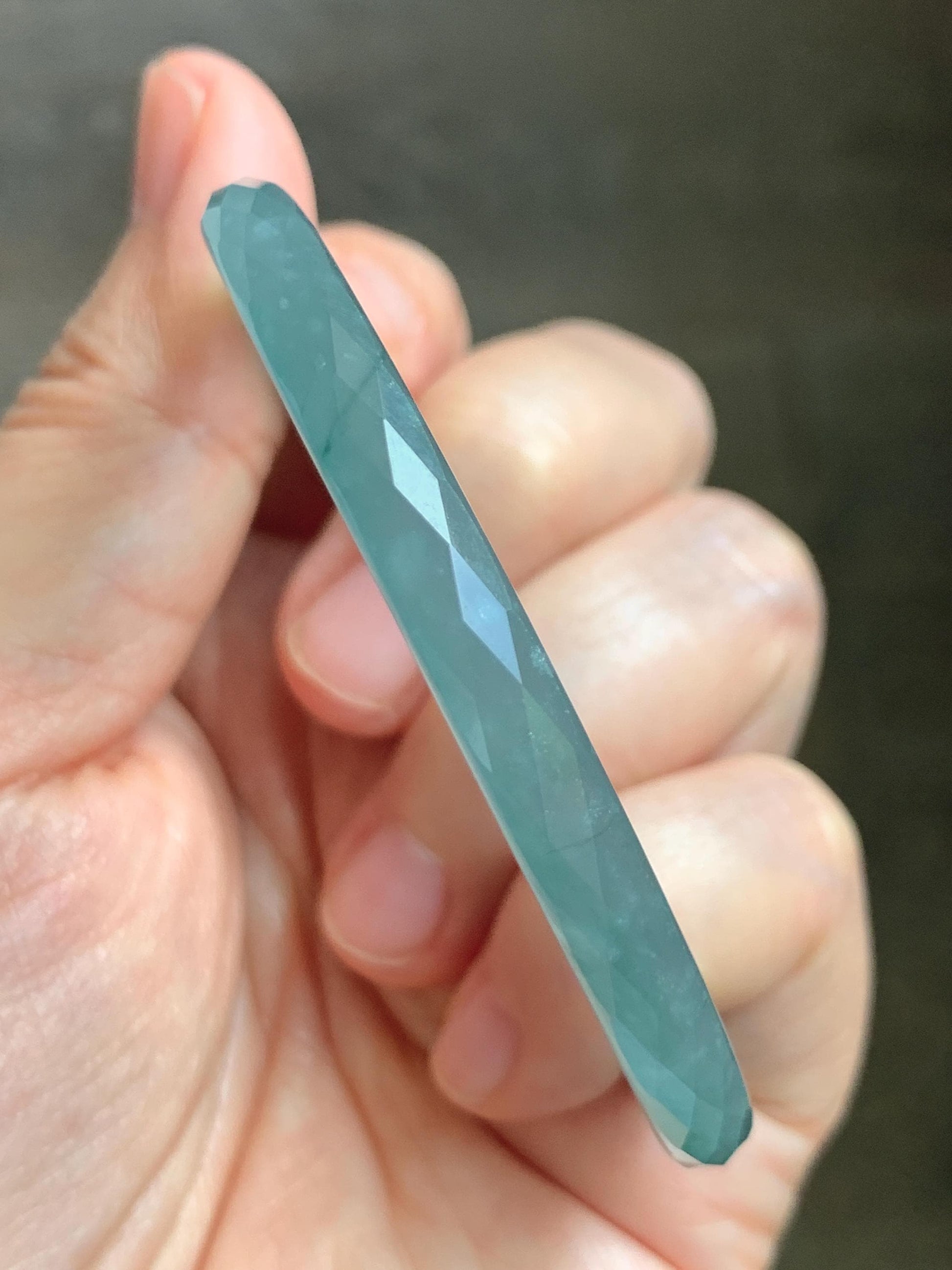 Certified Natural Grade A Guatemalan Icy Translucent Light Teal Jade Jadeite Diamond Faceted Bangle 55mm 6.8” 18g 天然冰危蓝绿翡翠细圆条切割面手镯 186