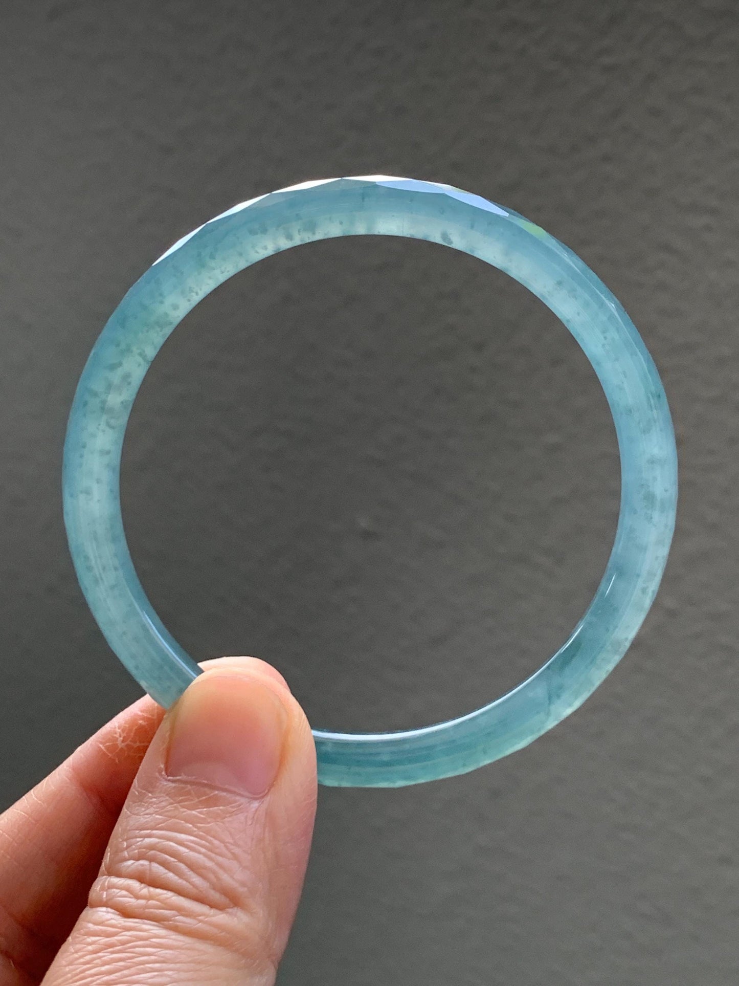 Certified Natural Grade A Guatemalan Icy Translucent Light Teal Jade Jadeite Diamond Faceted Bangle 55mm 6.8” 18g 天然冰危蓝绿翡翠细圆条切割面手镯 186