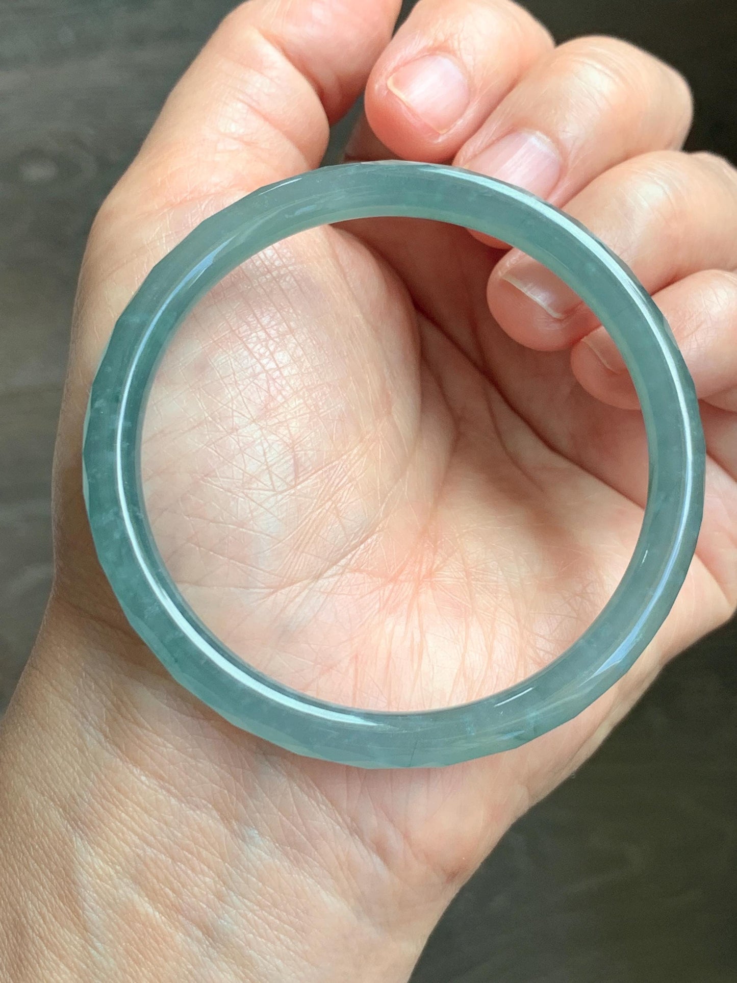 Certified Natural Grade A Guatemalan Icy Translucent Light Teal Jade Jadeite Diamond Faceted Bangle 55mm 6.8” 18g 天然冰危蓝绿翡翠细圆条切割面手镯 186