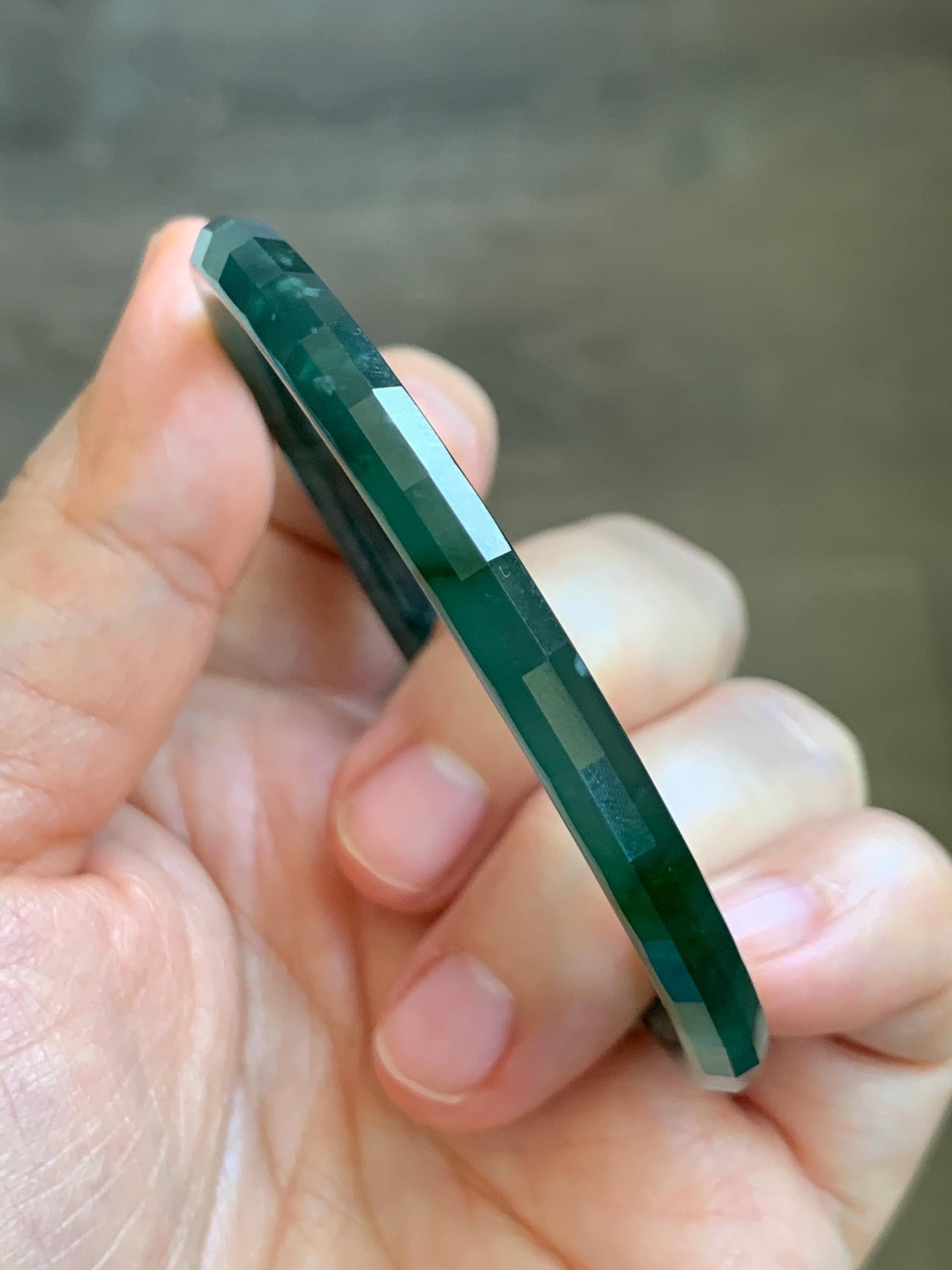 Certified Natural Grade A Guatemalan Icy Highly Translucent Deep Teal Green Faceted Jadeite Slim Bangle 56.9mm 7” 14g 天然冰胶危深蓝绿翡翠细圆条切割面手镯 215