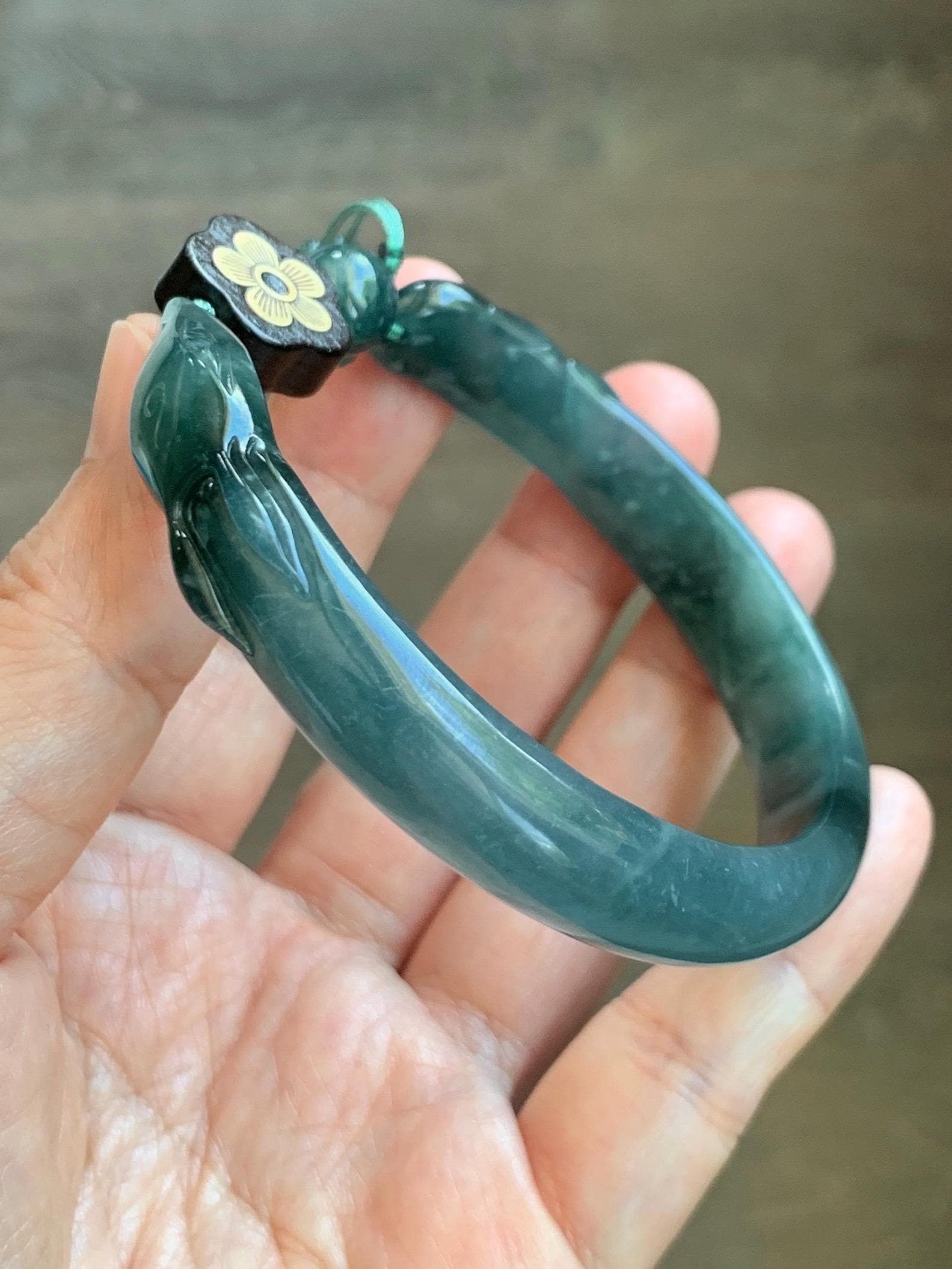 Certified Natural Grade A Guatemalan Icy Dusty Teal Blue Jade Jadeite Nine-tailed Fox Open Bangle 60.9mm 7.53” 39g 天然冰危篮绿翡翠九尾狐开口镯 1200