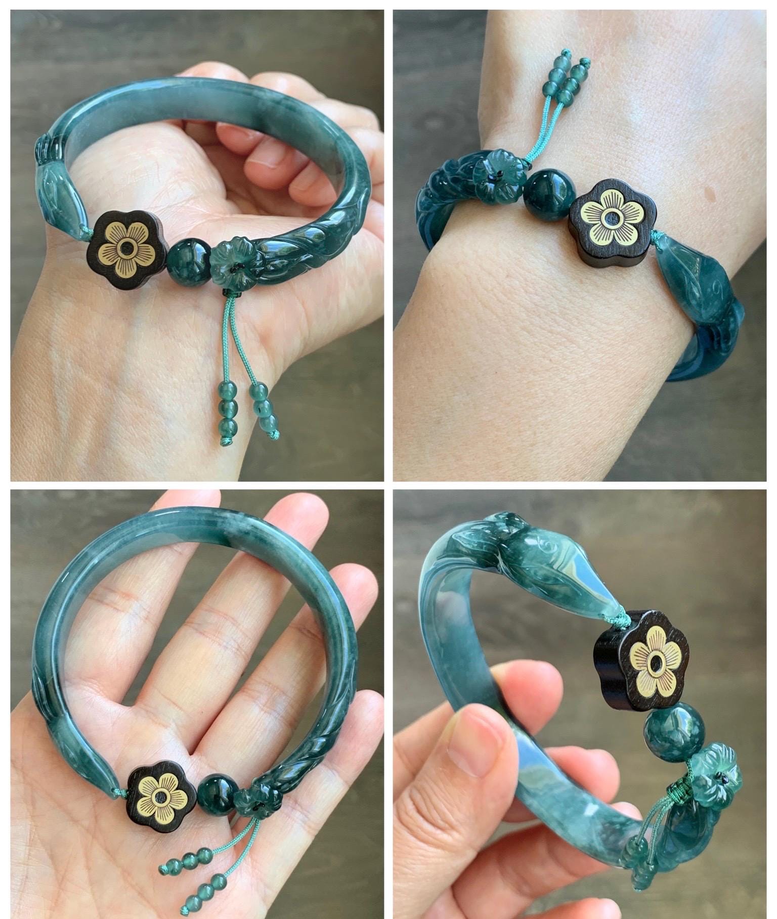 Certified Natural Grade A Guatemalan Icy Dusty Teal Blue Jade Jadeite Nine-tailed Fox Open Bangle 60.9mm 7.53” 39g 天然冰危篮绿翡翠九尾狐开口镯 1200