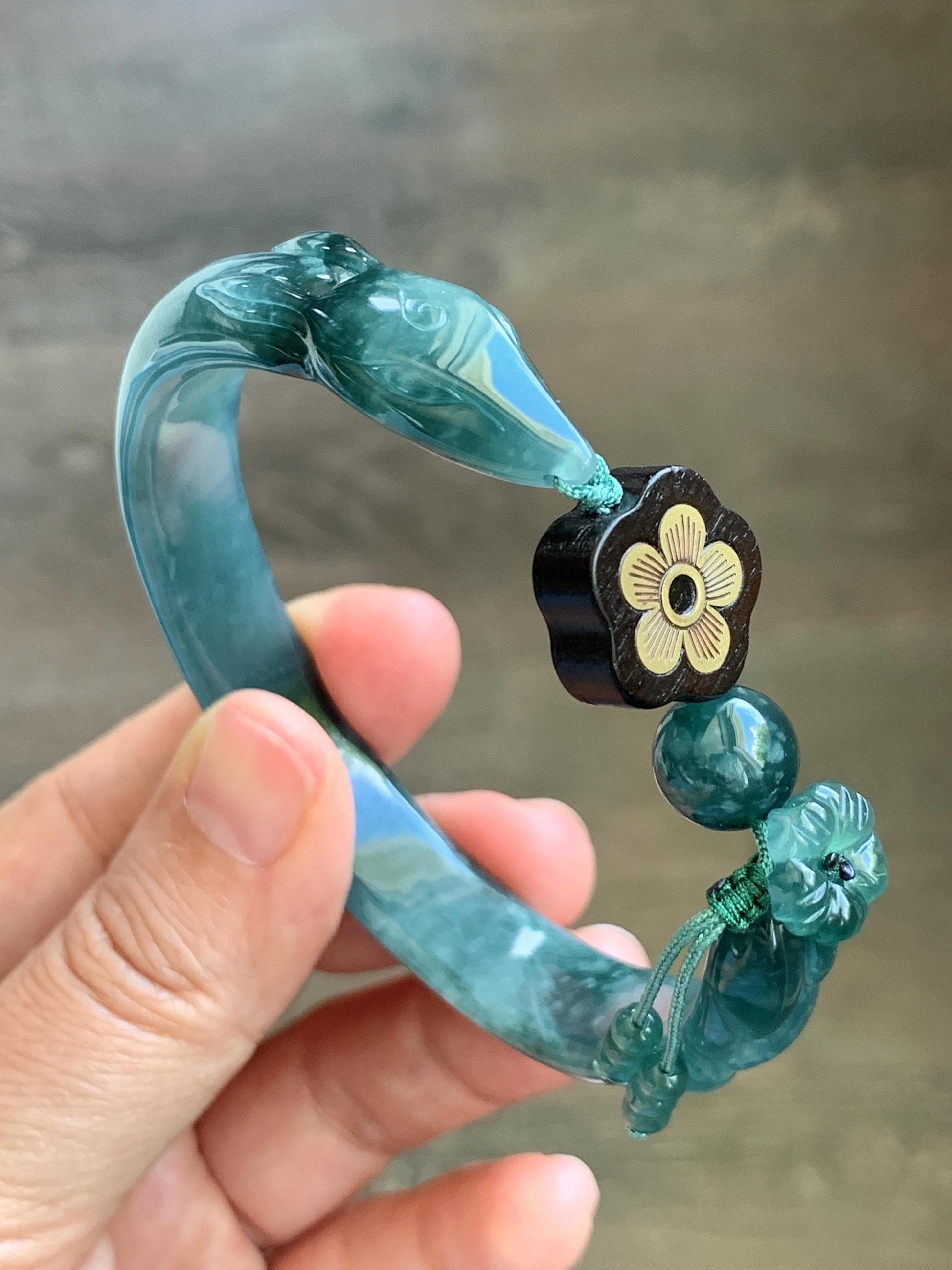 Certified Natural Grade A Guatemalan Icy Dusty Teal Blue Jade Jadeite Nine-tailed Fox Open Bangle 60.9mm 7.53” 39g 天然冰危篮绿翡翠九尾狐开口镯 1200