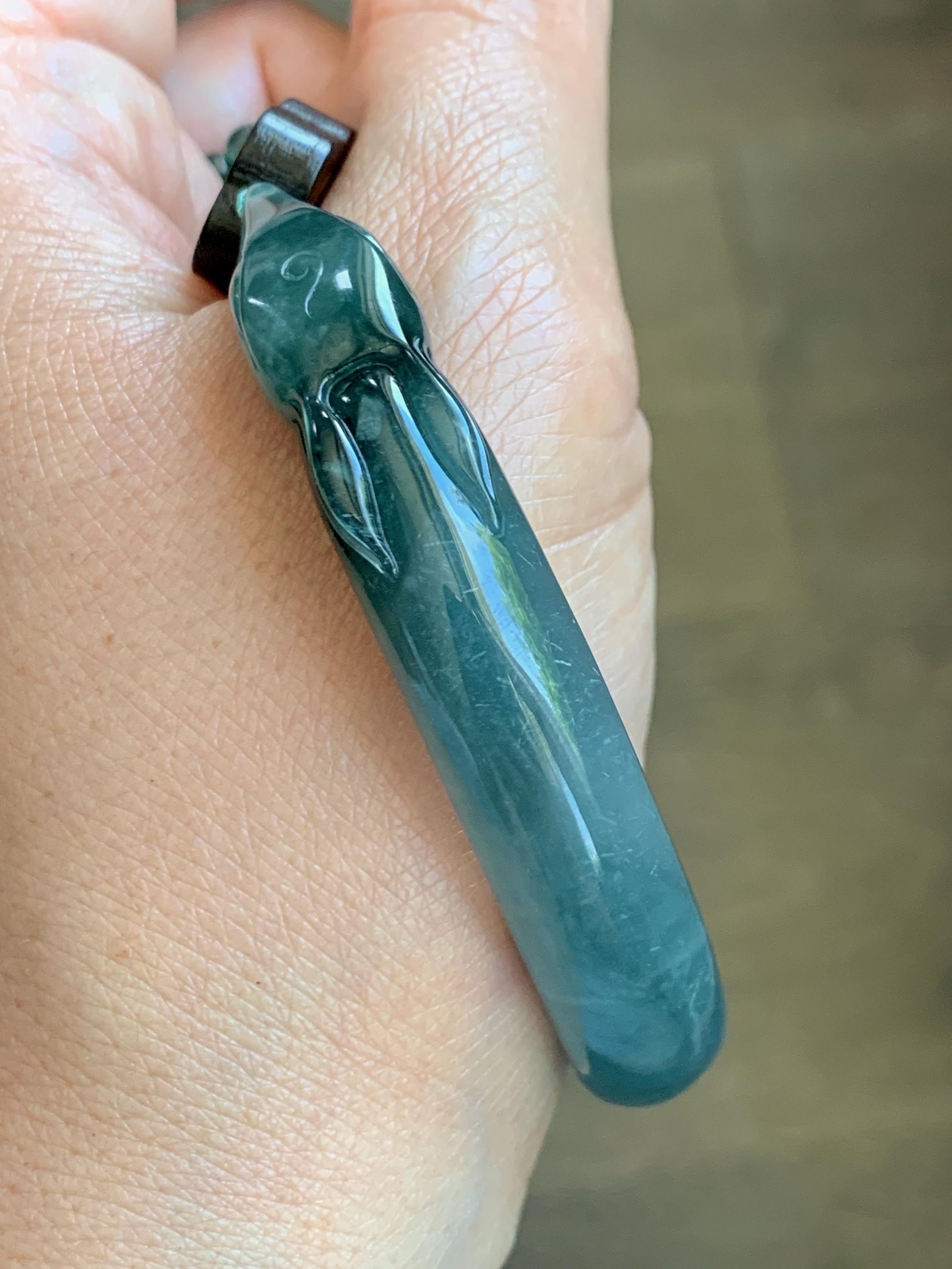 Certified Natural Grade A Guatemalan Icy Dusty Teal Blue Jade Jadeite Nine-tailed Fox Open Bangle 60.9mm 7.53” 39g 天然冰危篮绿翡翠九尾狐开口镯 1200