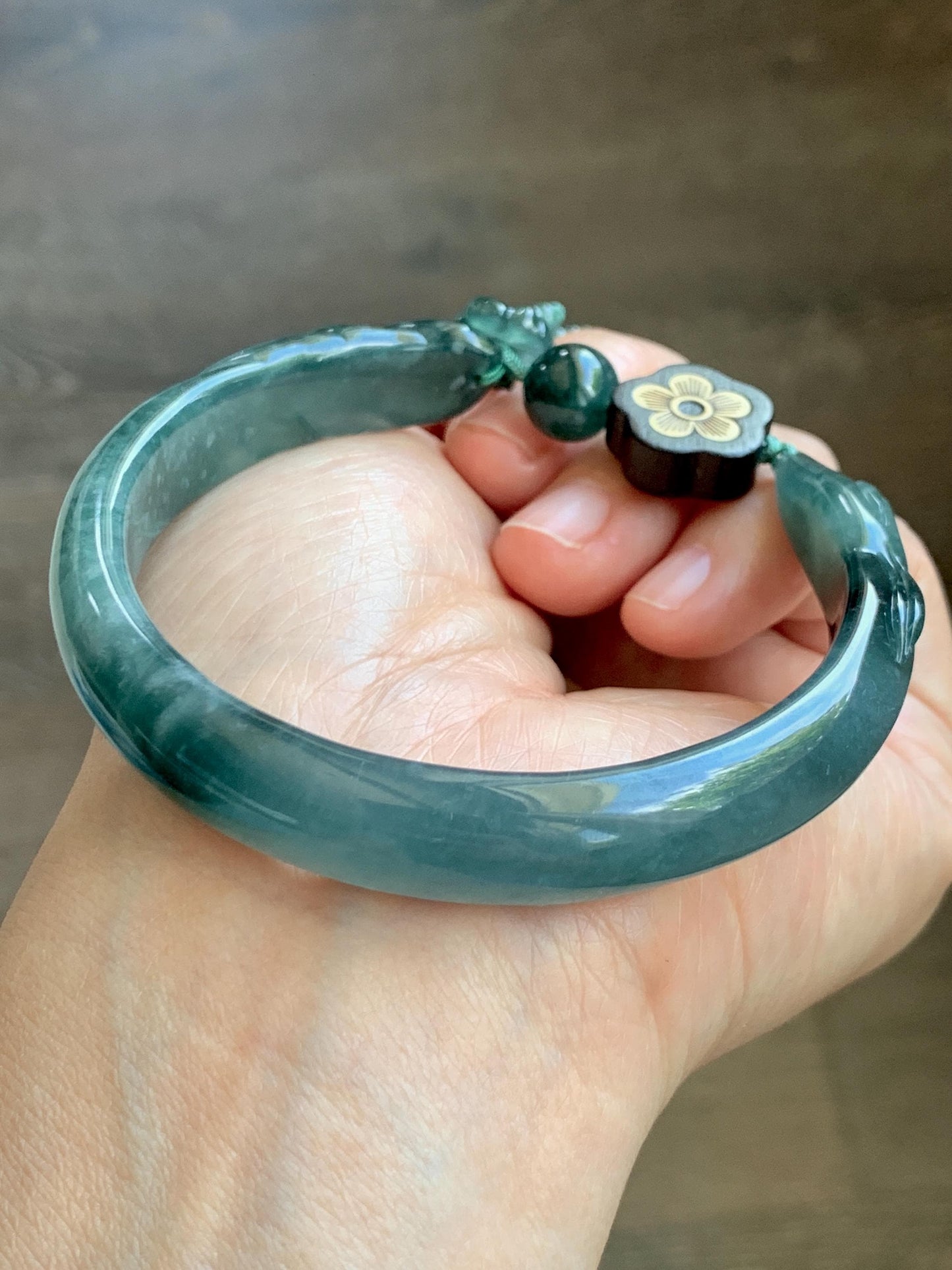 Certified Natural Grade A Guatemalan Icy Dusty Teal Blue Jade Jadeite Nine-tailed Fox Open Bangle 60.9mm 7.53” 39g 天然冰危篮绿翡翠九尾狐开口镯 1200